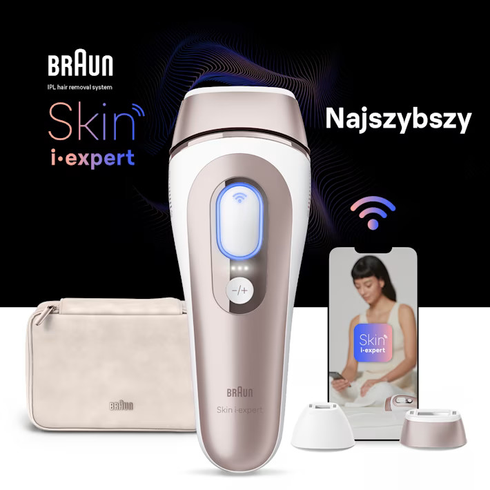 System do depilacji IPL Braun Skin i-expert. Urządzenie, akcesoria i telefon z aplikacją Skin i-expert. Ciemne tło.