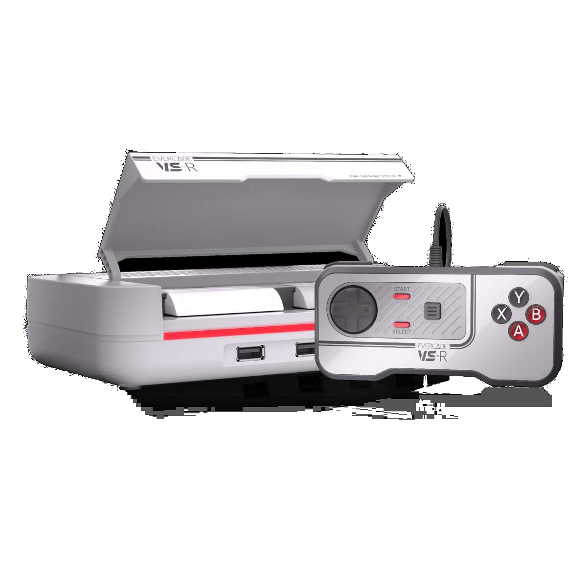 Biała konsola Evercade VS-R z kontrolerem. Konsola ma otwartą górę, czerwone akcenty i podłączony kontroler.