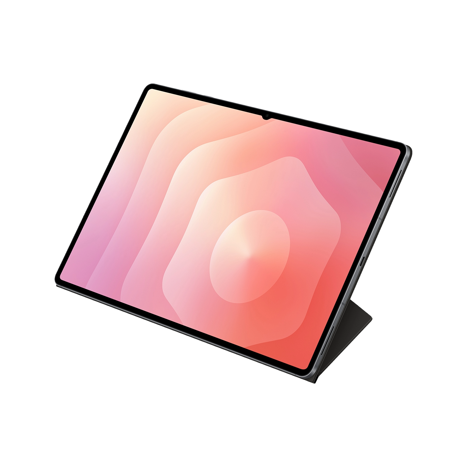 Una tableta con un diseño abstracto rosa y naranja en la pantalla, apoyada sobre un fondo negro.