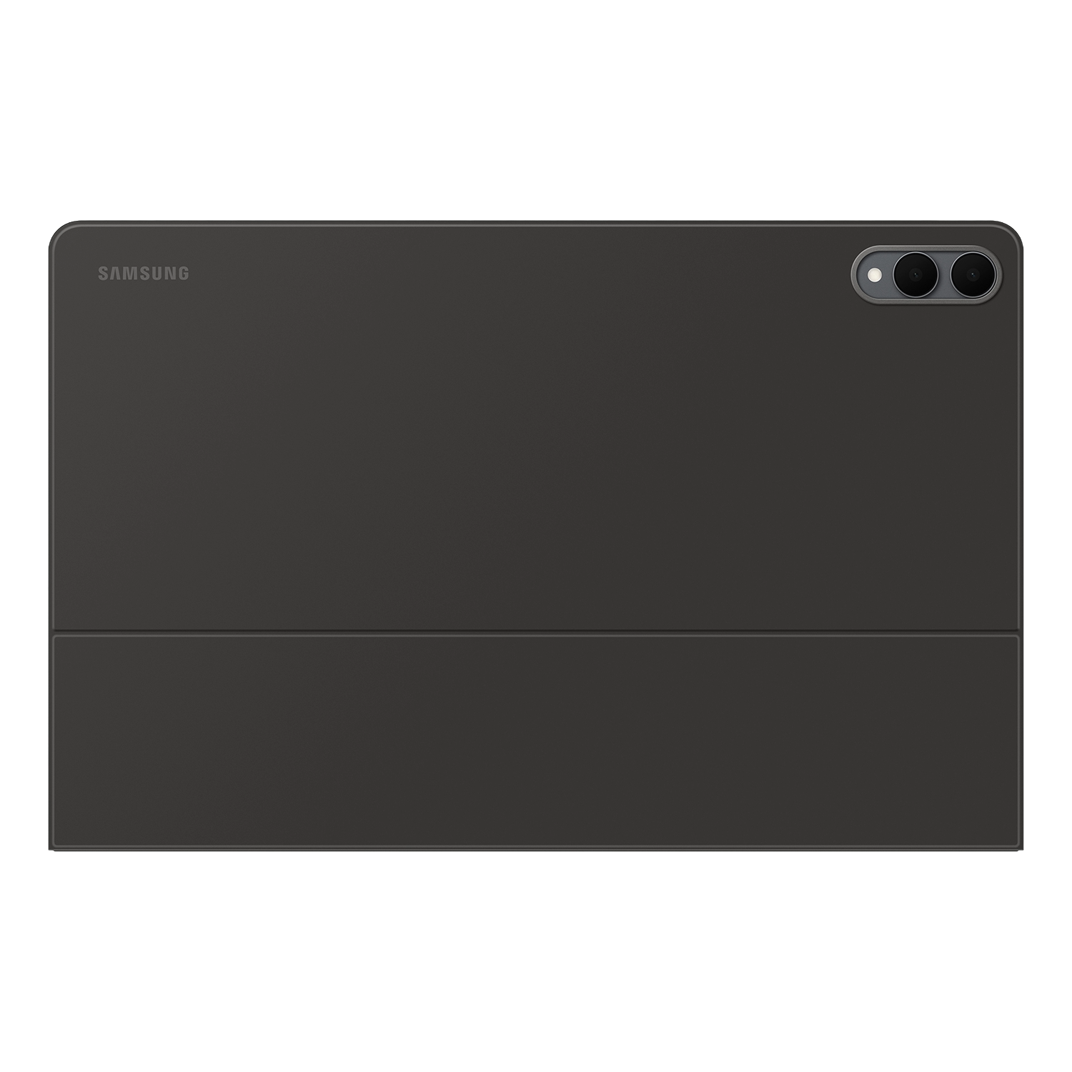 Tableta Samsung gris oscuro con funda. El módulo de cámara con dos lentes está en la esquina superior derecha. La marca está arriba a la izquierda.