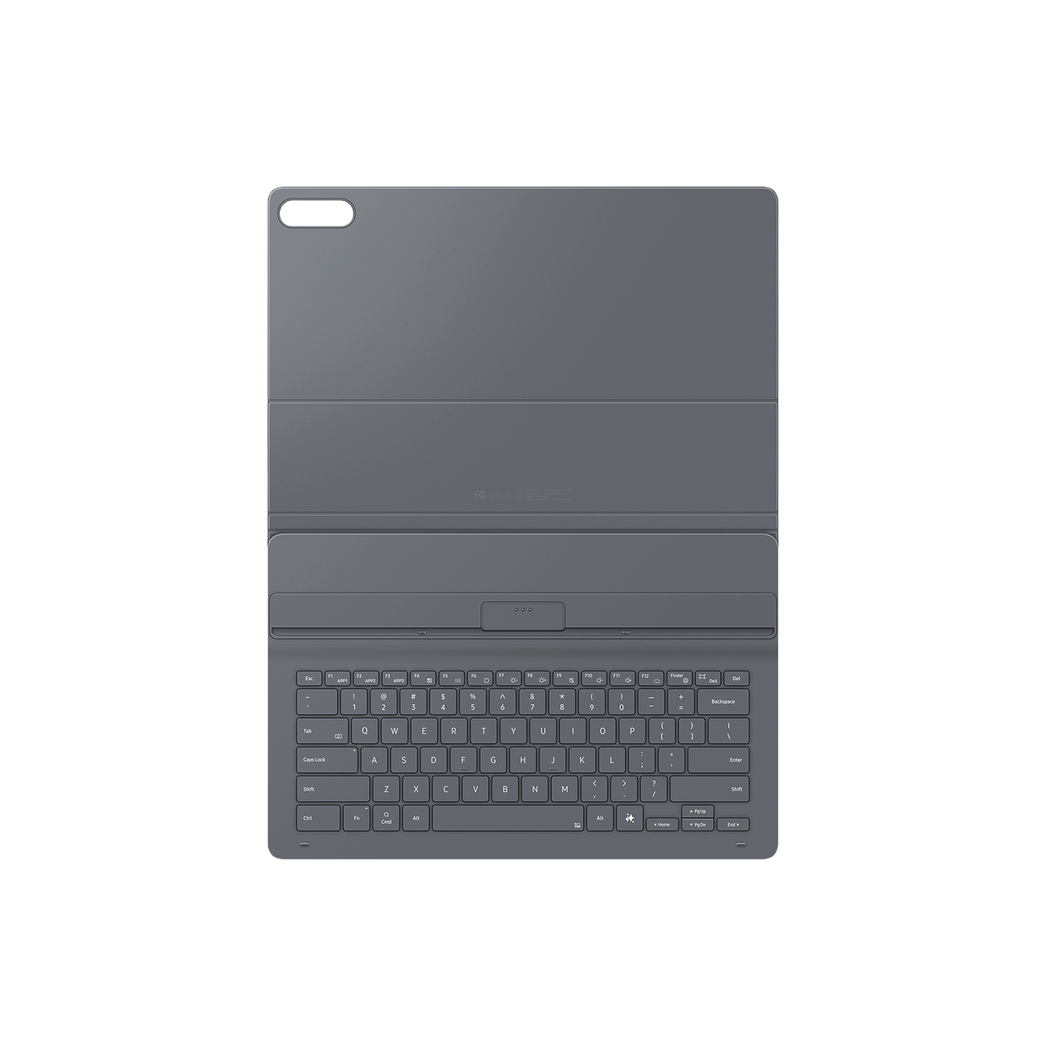 Una funda de teclado para tableta gris oscuro está abierta. El teclado es visible, con teclas etiquetadas y dispuestas en un diseño estándar.