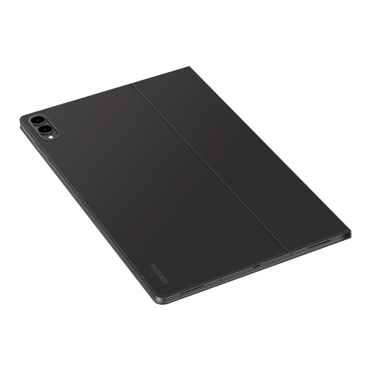 Una tableta Samsung gris oscuro con una funda, sobre un fondo negro. La tableta tiene una cámara y el logotipo de Samsung es visible.
