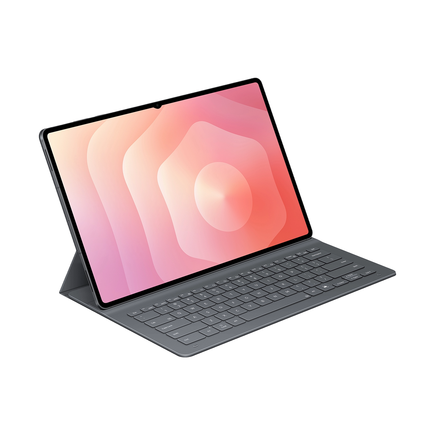 Una tableta con teclado sobre un fondo negro. La pantalla de la tableta muestra un diseño abstracto en rosa y blanco.
