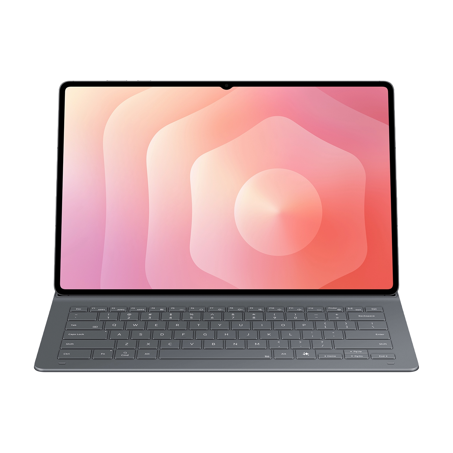 Una tableta con teclado desmontable. La pantalla muestra un degradado rosa y naranja. El teclado es gris con letras blancas.