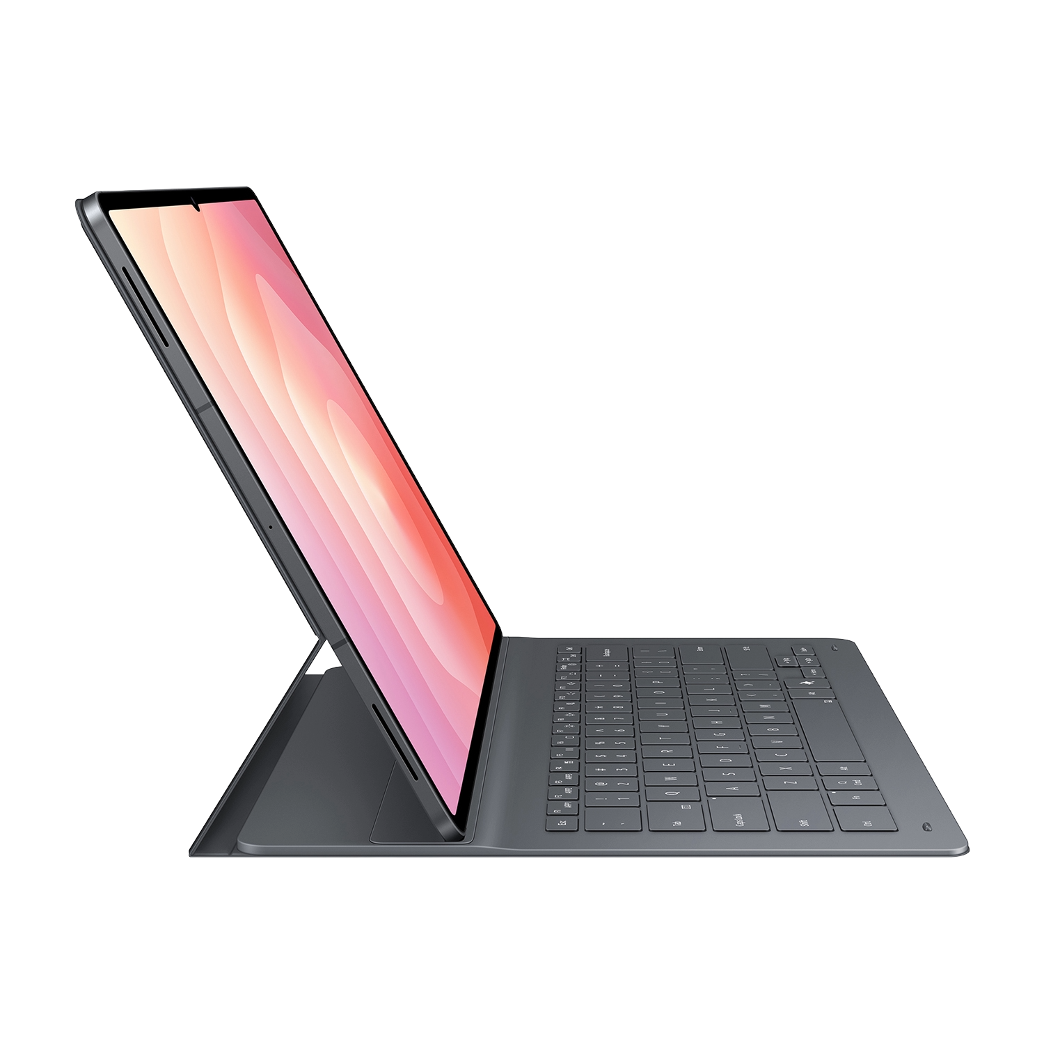 Una computadora portátil gris está abierta, mostrando una pantalla rosa y blanca. El teclado está conectado, el fondo es negro.
