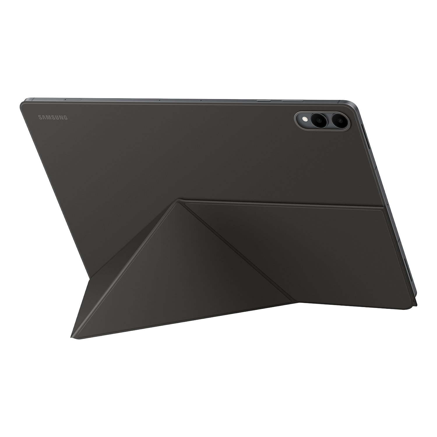Una tableta Samsung gris oscuro con una funda, en ángulo para mostrar la parte trasera. La funda está doblada para sostener la tableta. Fondo negro.