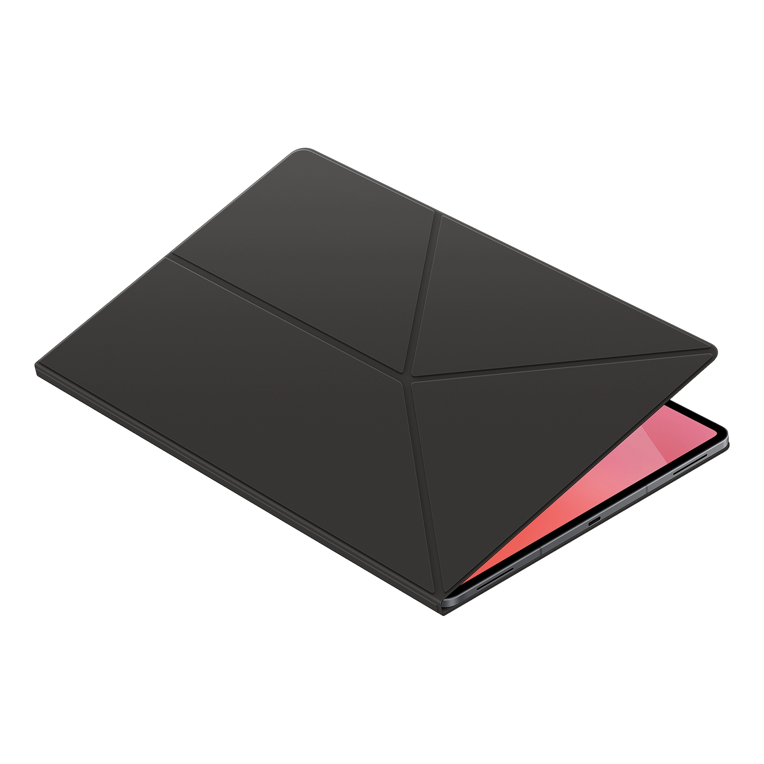 Una funda negra para tableta está parcialmente abierta, revelando una tableta con pantalla rosa. El fondo es negro sólido.