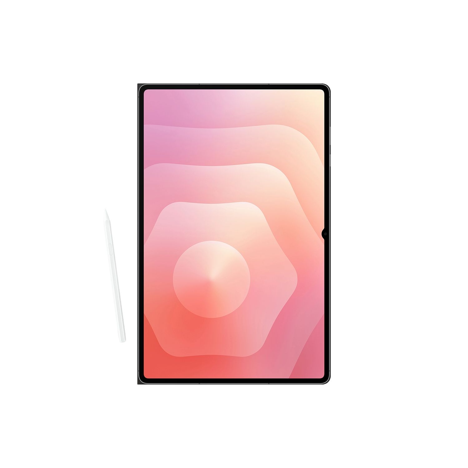 Una tableta con pantalla degradada rosa y naranja y un lápiz óptico blanco, sobre fondo negro.