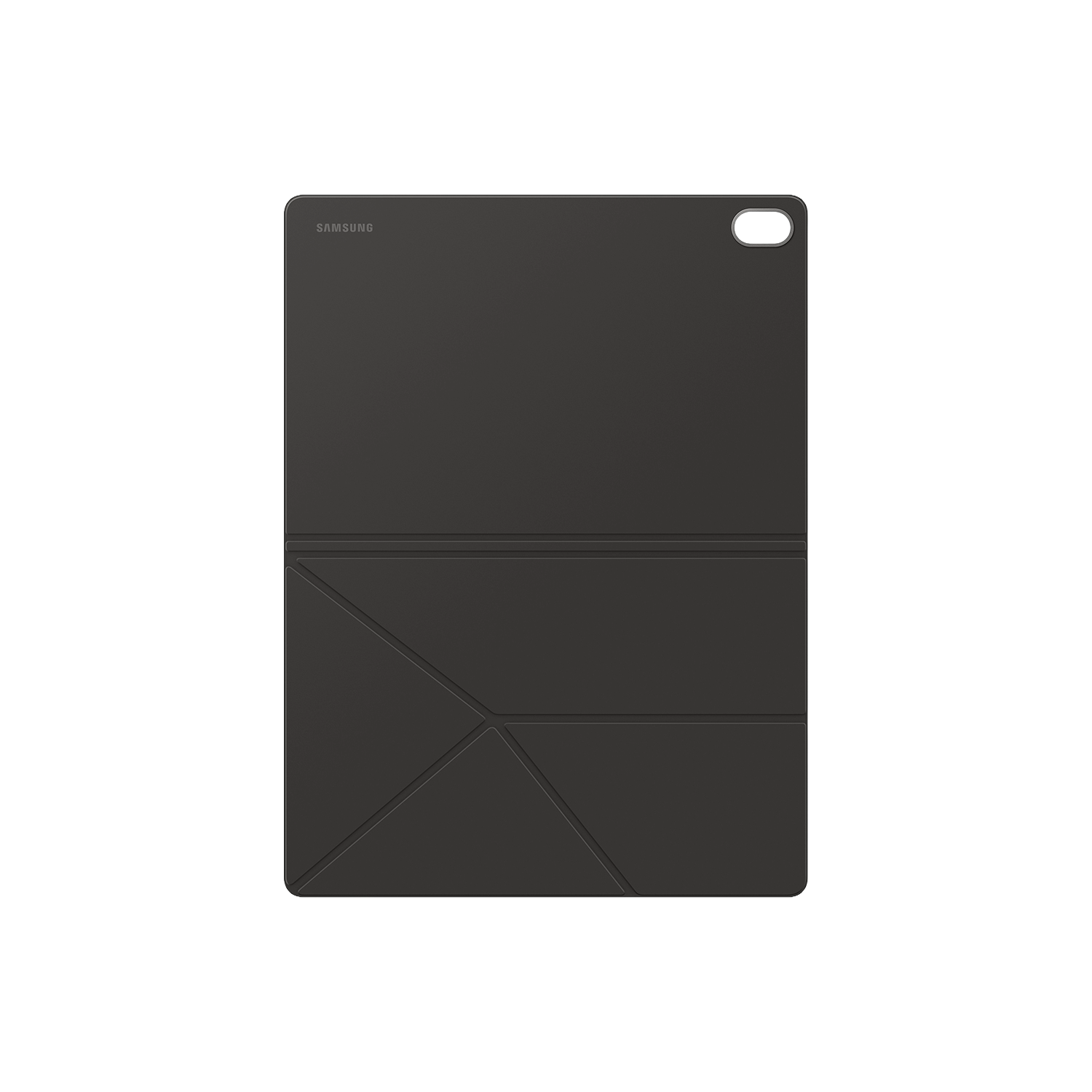 Una funda de tableta Samsung gris oscuro con un diseño geométrico. El logotipo de Samsung está en la parte superior. El fondo es negro.