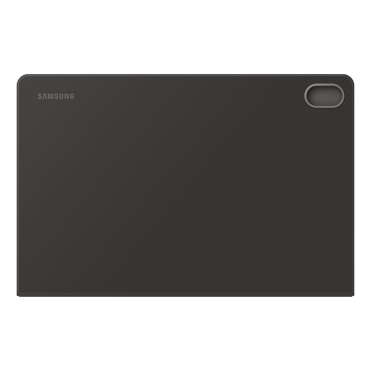 Una funda de tableta gris oscuro con el logotipo de Samsung y un recorte para la cámara. Fondo negro.