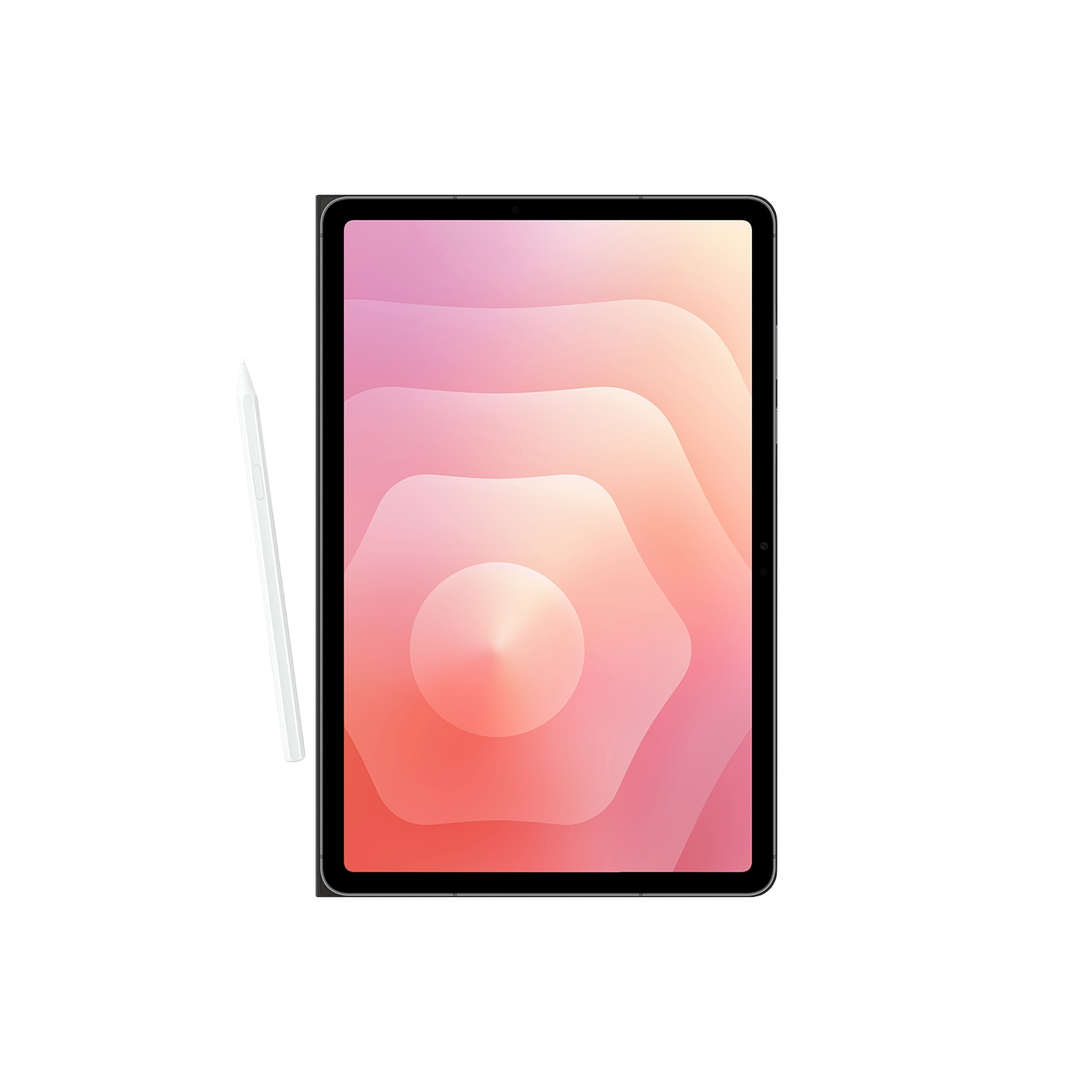 Una tableta con pantalla degradada rosa y blanca, un lápiz óptico blanco y fondo negro.