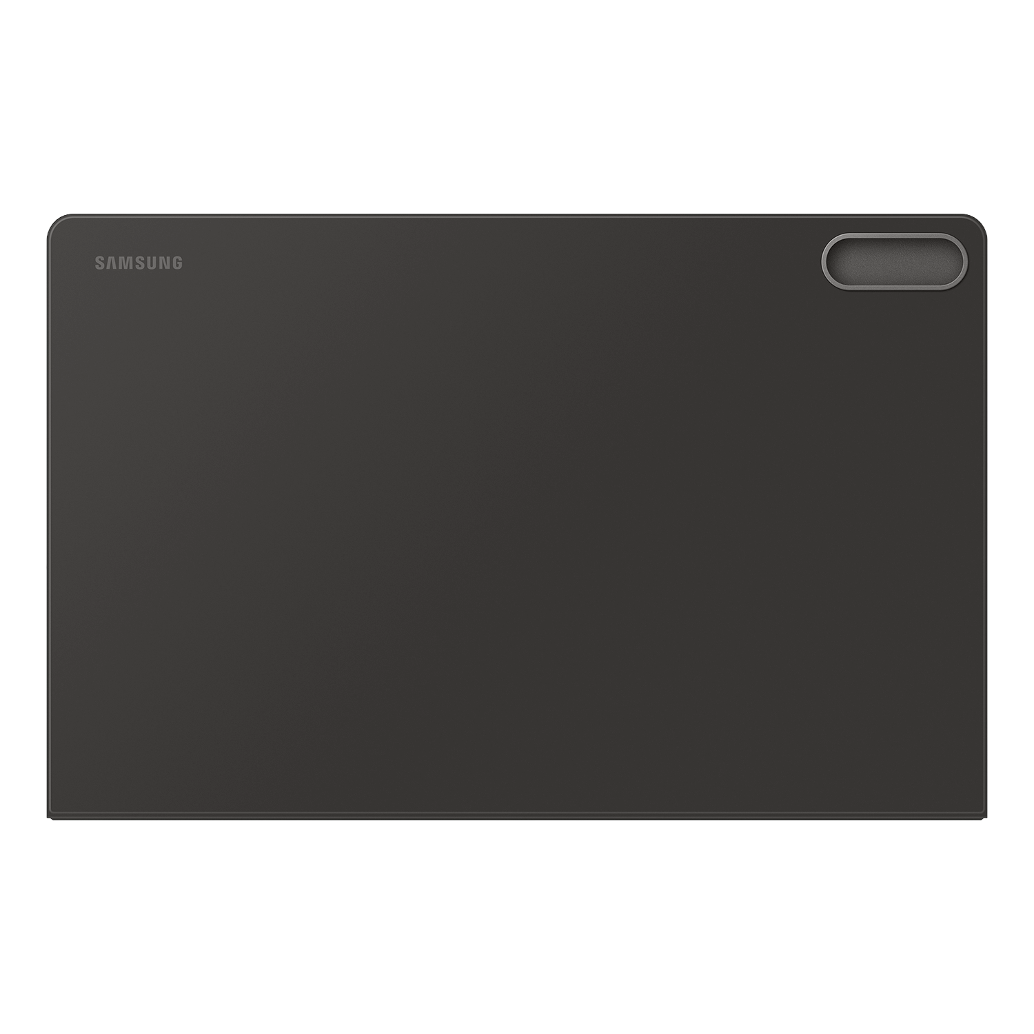 Una funda de tableta Samsung gris oscuro. El logotipo de Samsung es visible. Hay un botón en la esquina superior derecha.