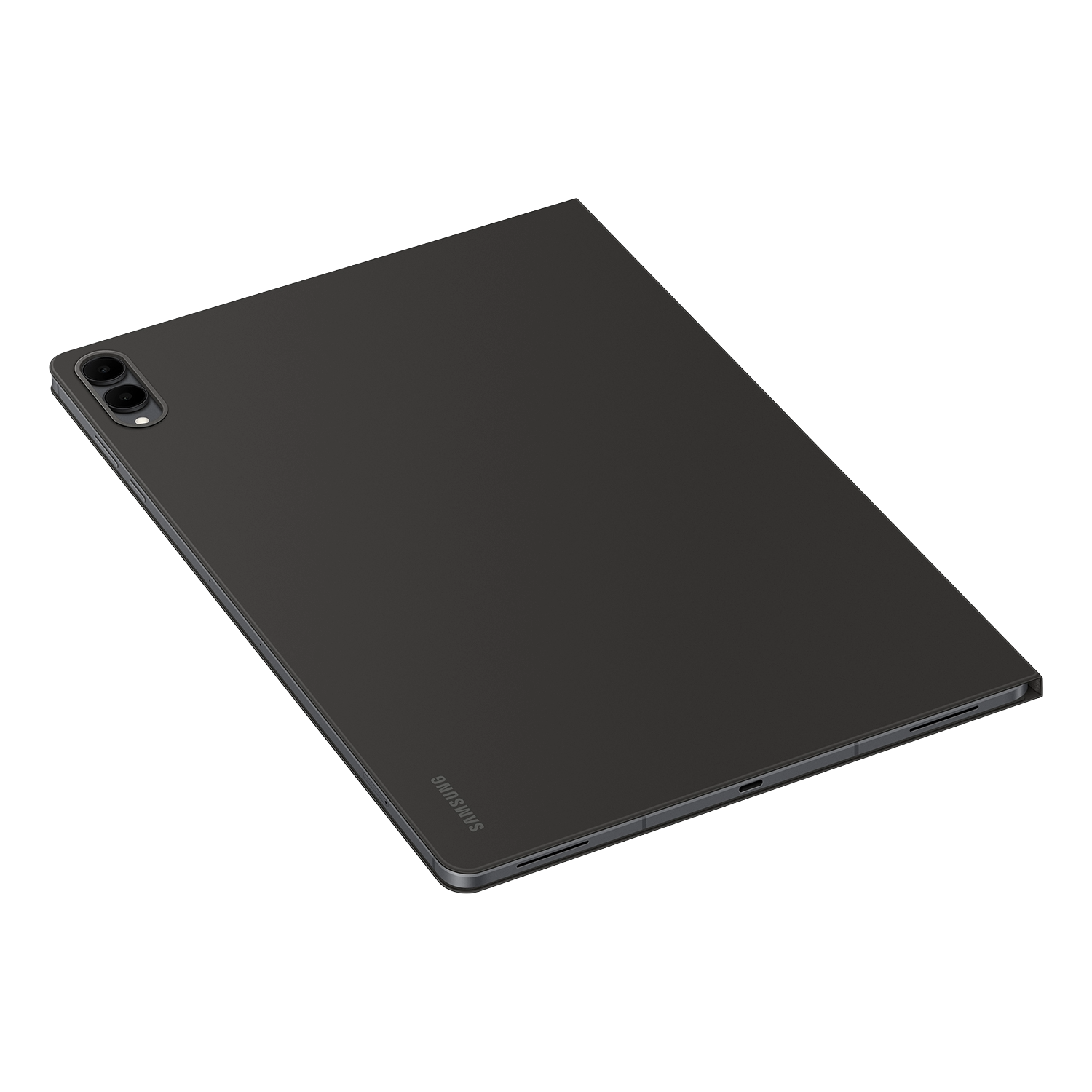 Tableta gris oscuro sobre fondo negro. La tableta tiene dos cámaras traseras y el logotipo de Samsung. El diseño es elegante y moderno.