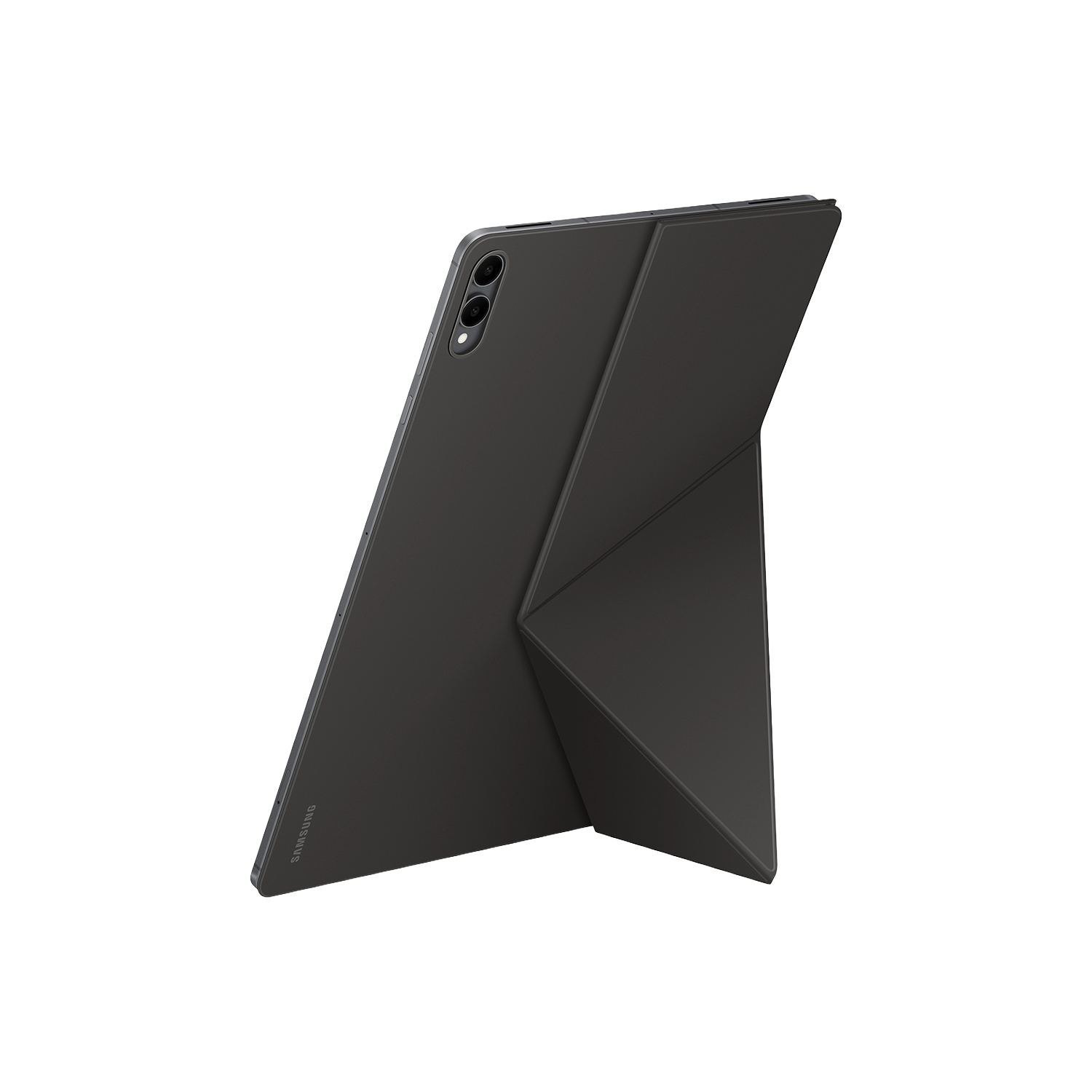 Una tableta gris oscuro con una funda plegable se apoya sobre un fondo negro. Tiene tres lentes de cámara y el logotipo de Samsung.