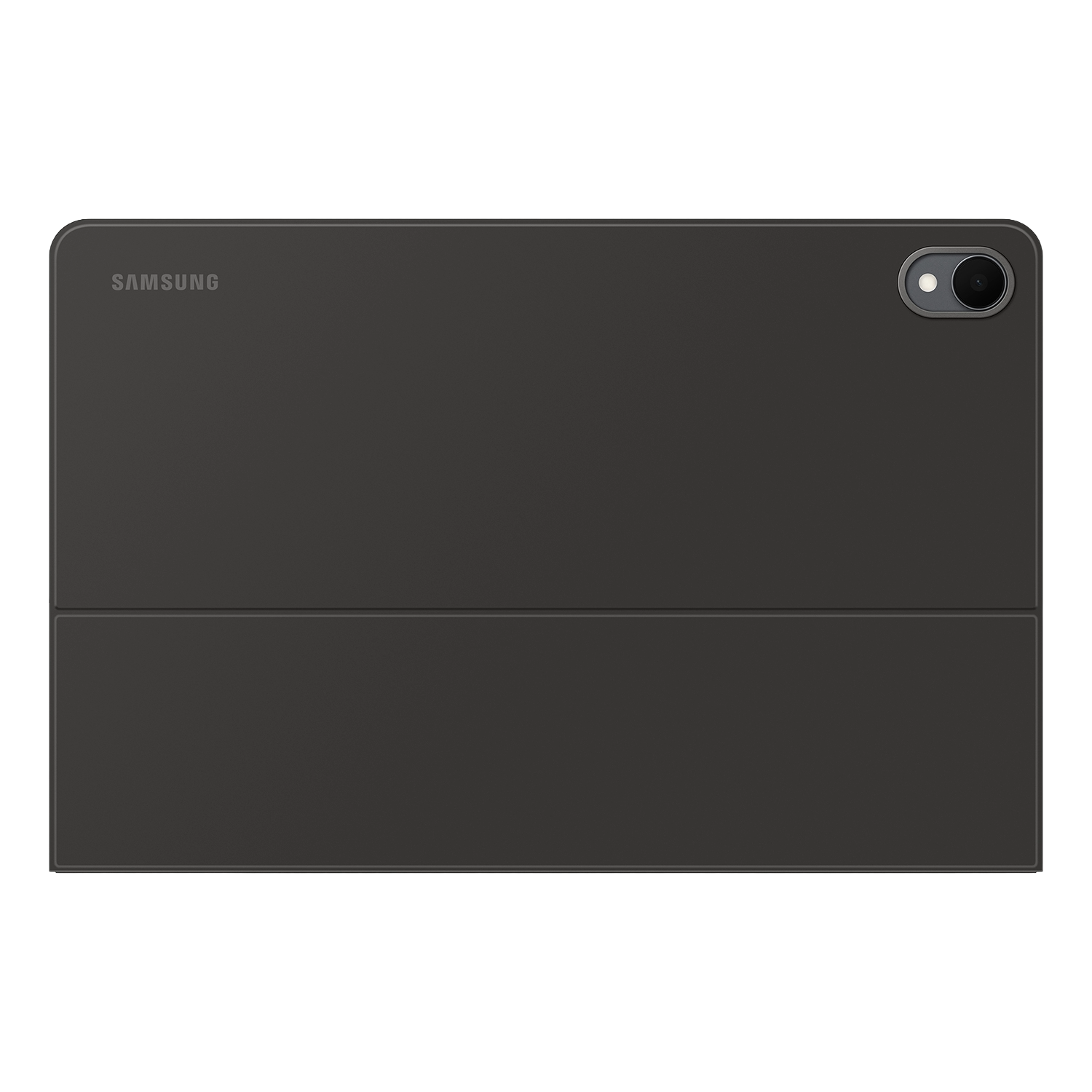 Una funda para tableta Samsung gris oscuro. El nombre de la marca está impreso en la parte superior izquierda. Una cámara está en la esquina superior derecha.