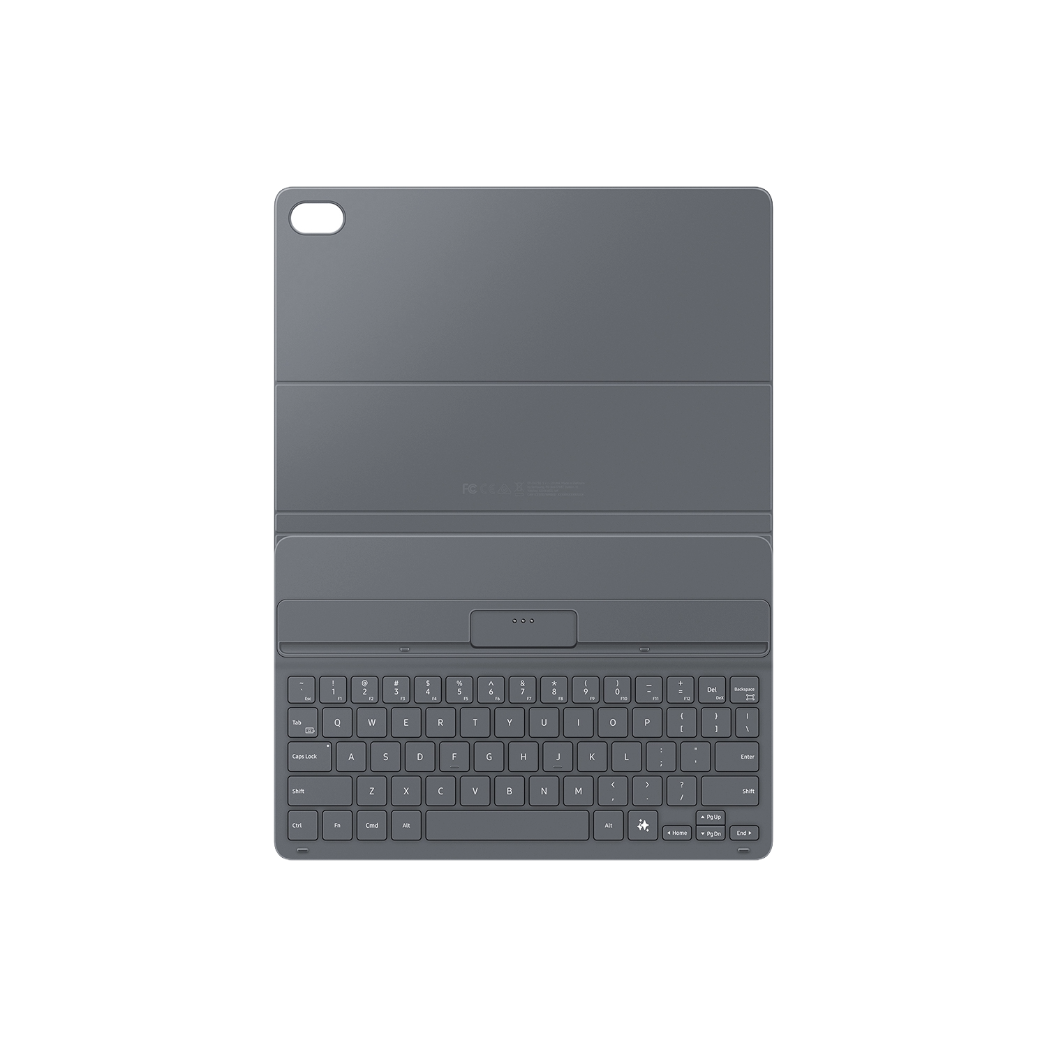Una funda de teclado para tableta gris oscuro está abierta. El teclado tiene teclas y un panel táctil. El fondo es negro.
