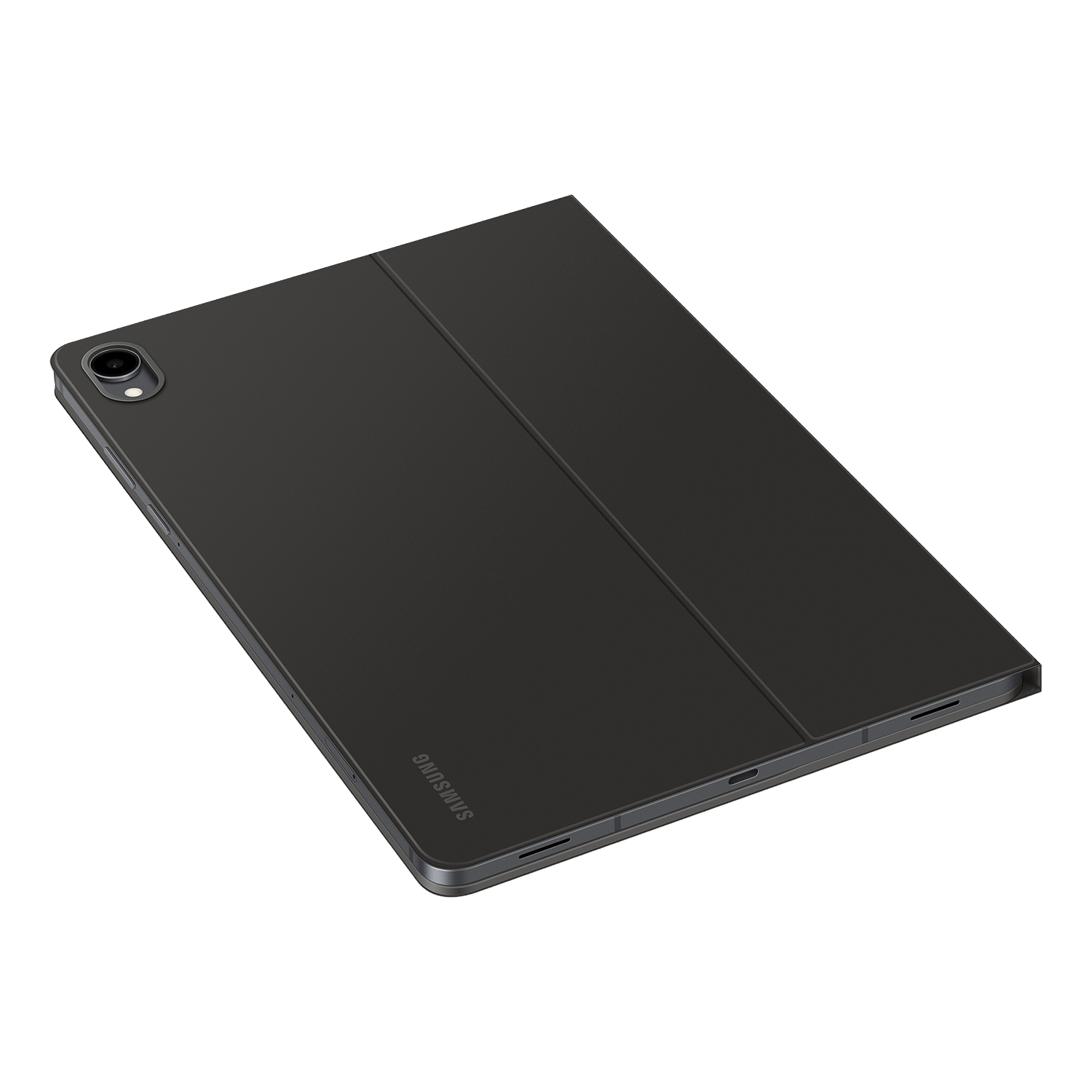 Una tableta negra con funda sobre fondo negro. Logotipo de Samsung visible. La funda está parcialmente abierta.