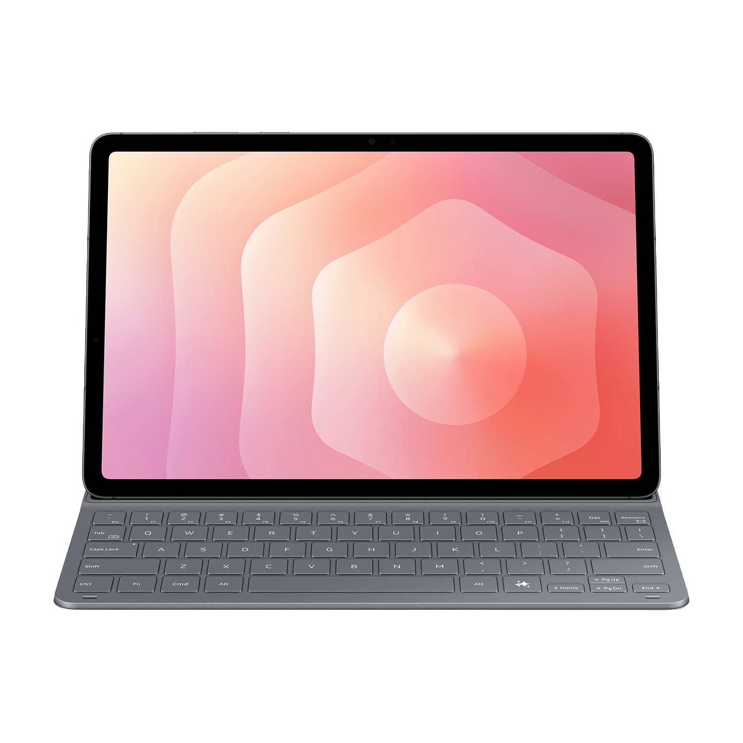 Tableta con teclado adjunto. La pantalla muestra un diseño abstracto rosa y naranja. El teclado es gris, con letras blancas.