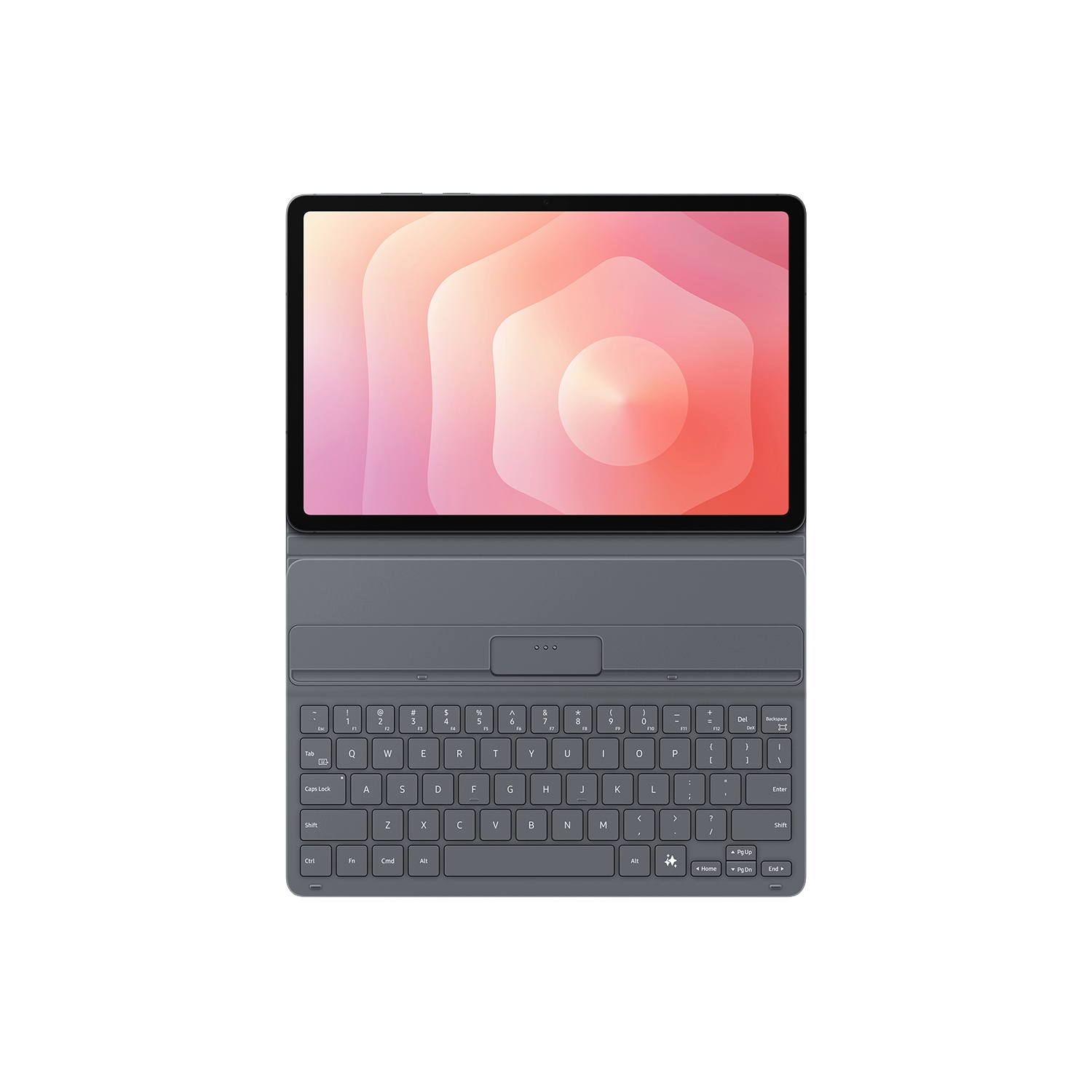 Tableta con teclado. La pantalla muestra un diseño abstracto rosa y naranja. El teclado es gris y tiene letras blancas.