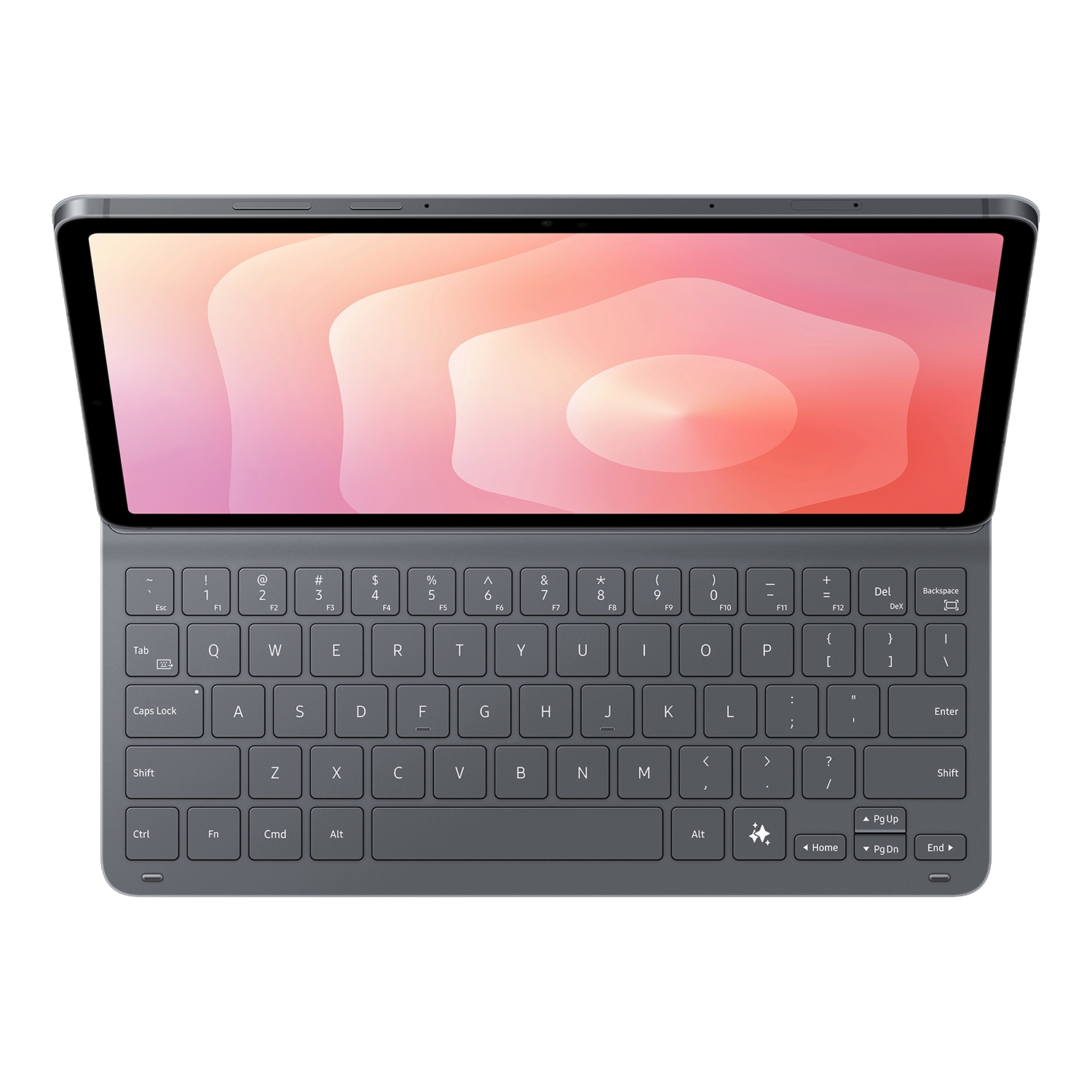 Una tableta con teclado desmontable. La pantalla muestra un diseño abstracto de tonos naranja y rosa. El teclado es gris.