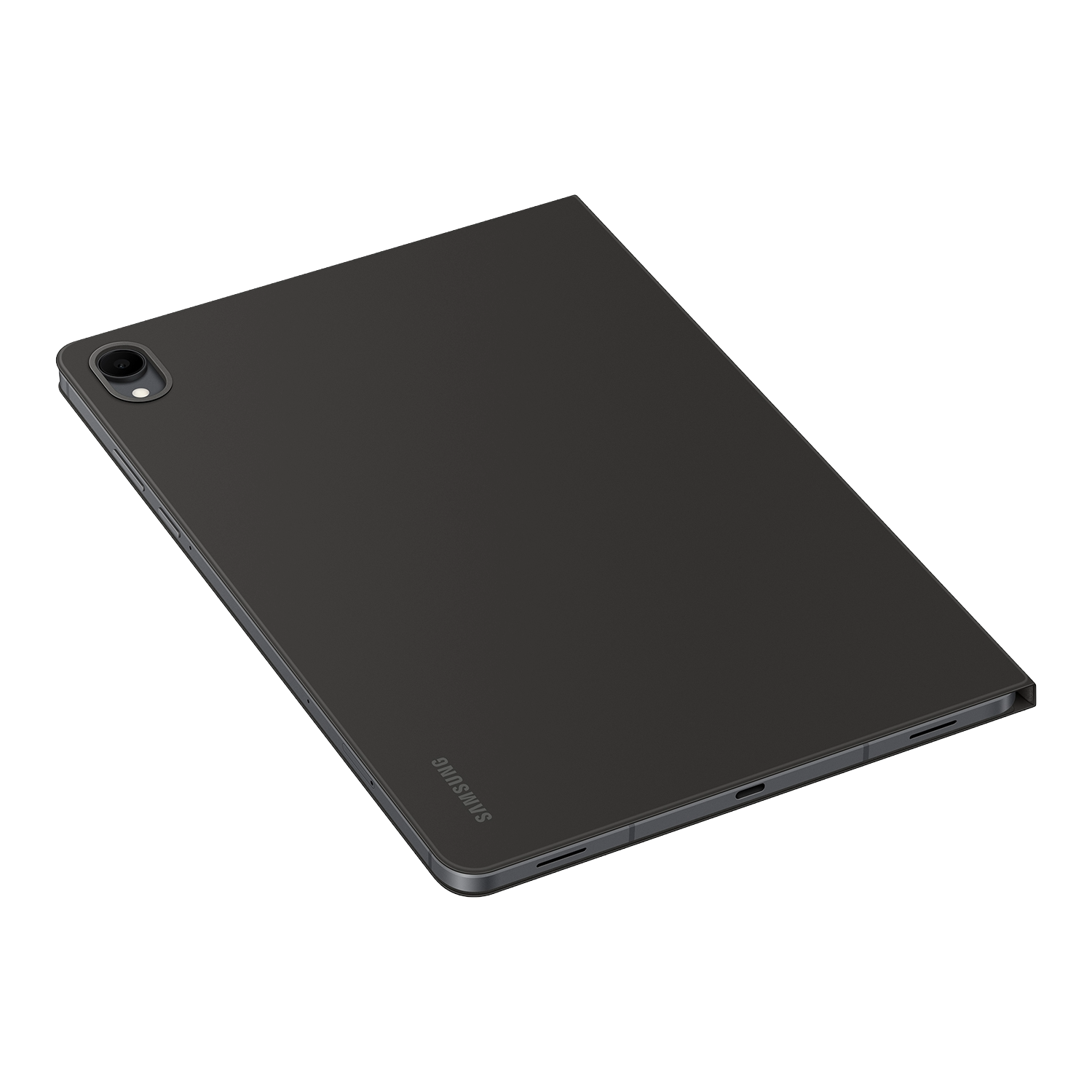 Una tableta gris oscuro sobre un fondo negro. El logotipo de Samsung es visible. La tableta tiene una cámara y puertos.