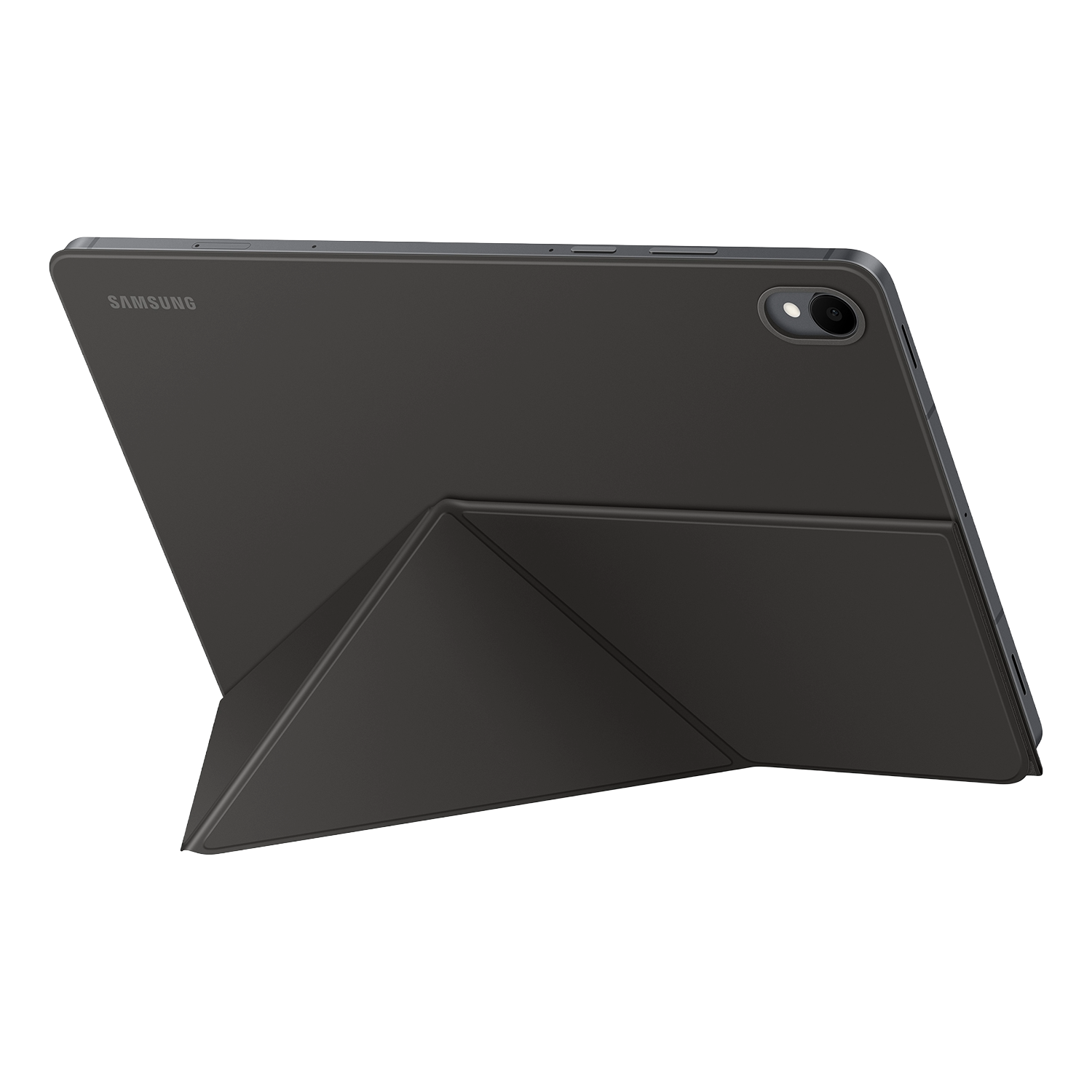 Una tableta Samsung gris oscuro con una funda, apoyada. La funda se pliega para actuar como soporte, el fondo es negro.