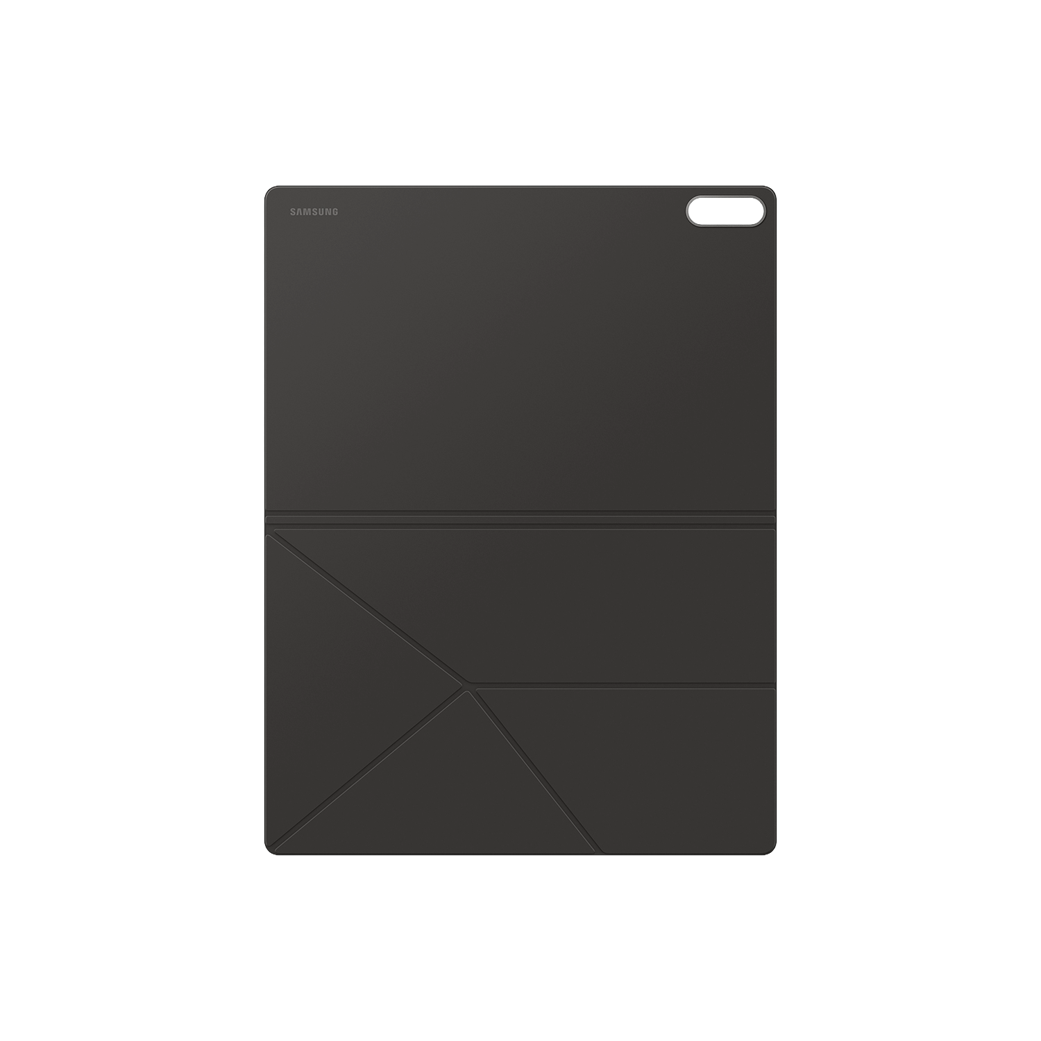 Una funda de tableta gris oscuro cerrada sobre un fondo negro. El logotipo de Samsung es visible. La funda tiene un diseño geométrico.