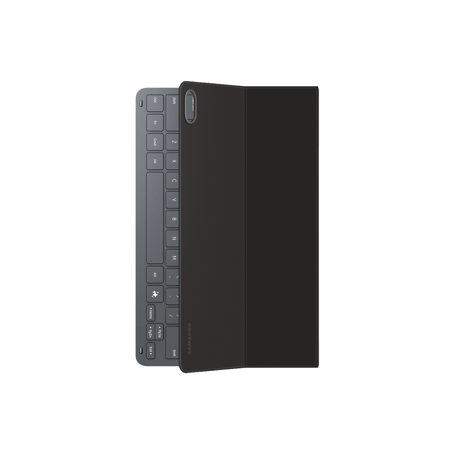 Una funda con teclado para tablet Samsung sobre fondo negro. La funda es negra y el teclado gris. El logotipo de Samsung es visible.
