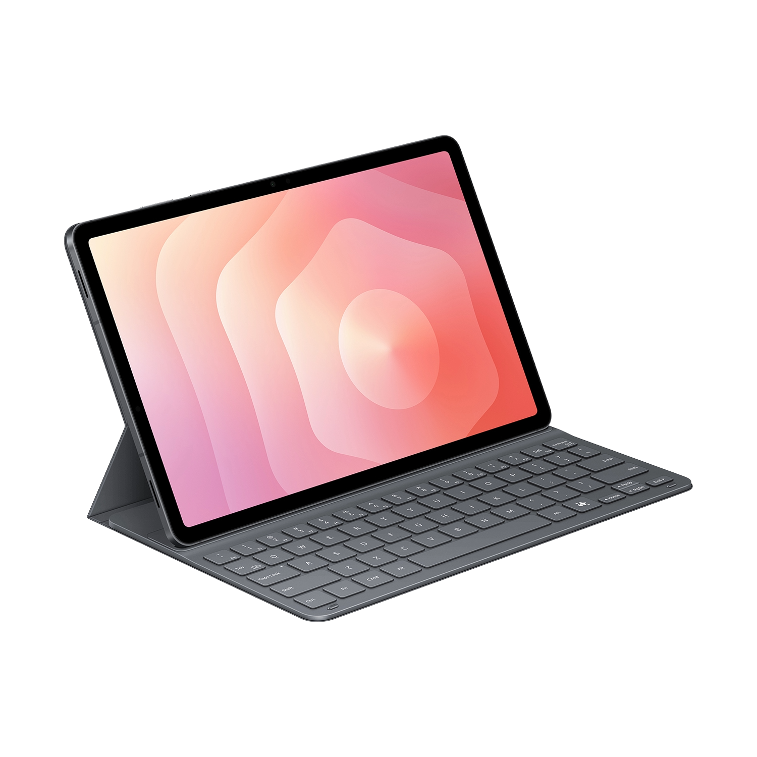 Tableta con teclado adjunto sobre fondo negro. La pantalla de la tableta muestra un diseño abstracto rosa y blanco.