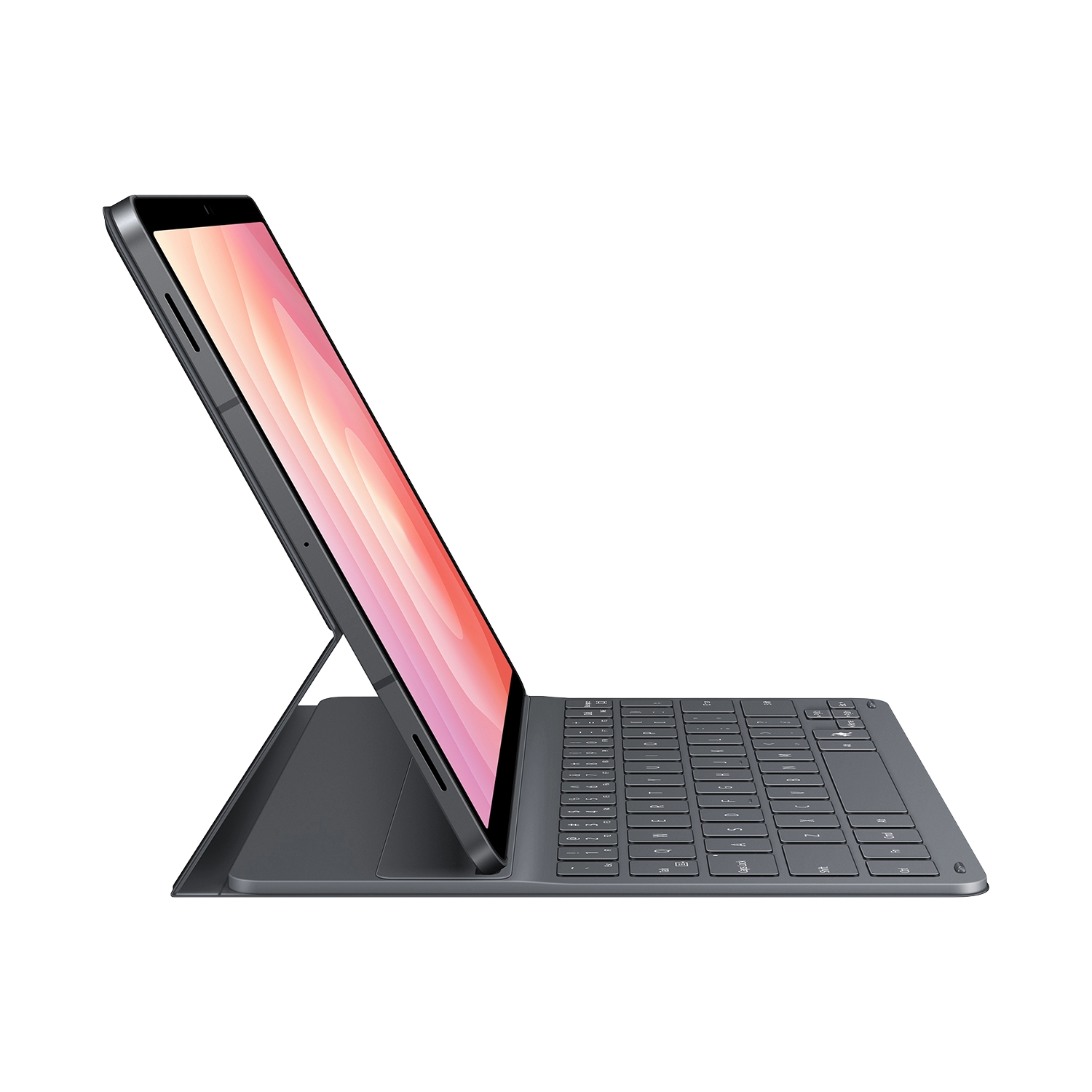 Una tableta gris con teclado está abierta. La pantalla muestra un degradado rosa y naranja. El teclado está al frente, sobre un fondo negro.