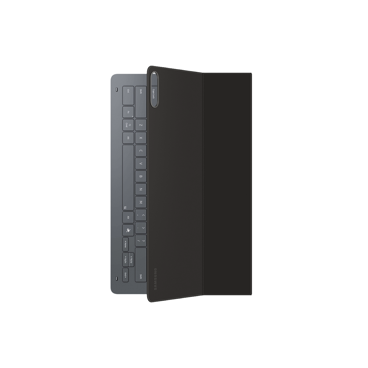 Un estuche negro para teclado Samsung y un teclado sobre un fondo negro. El teclado es gris.