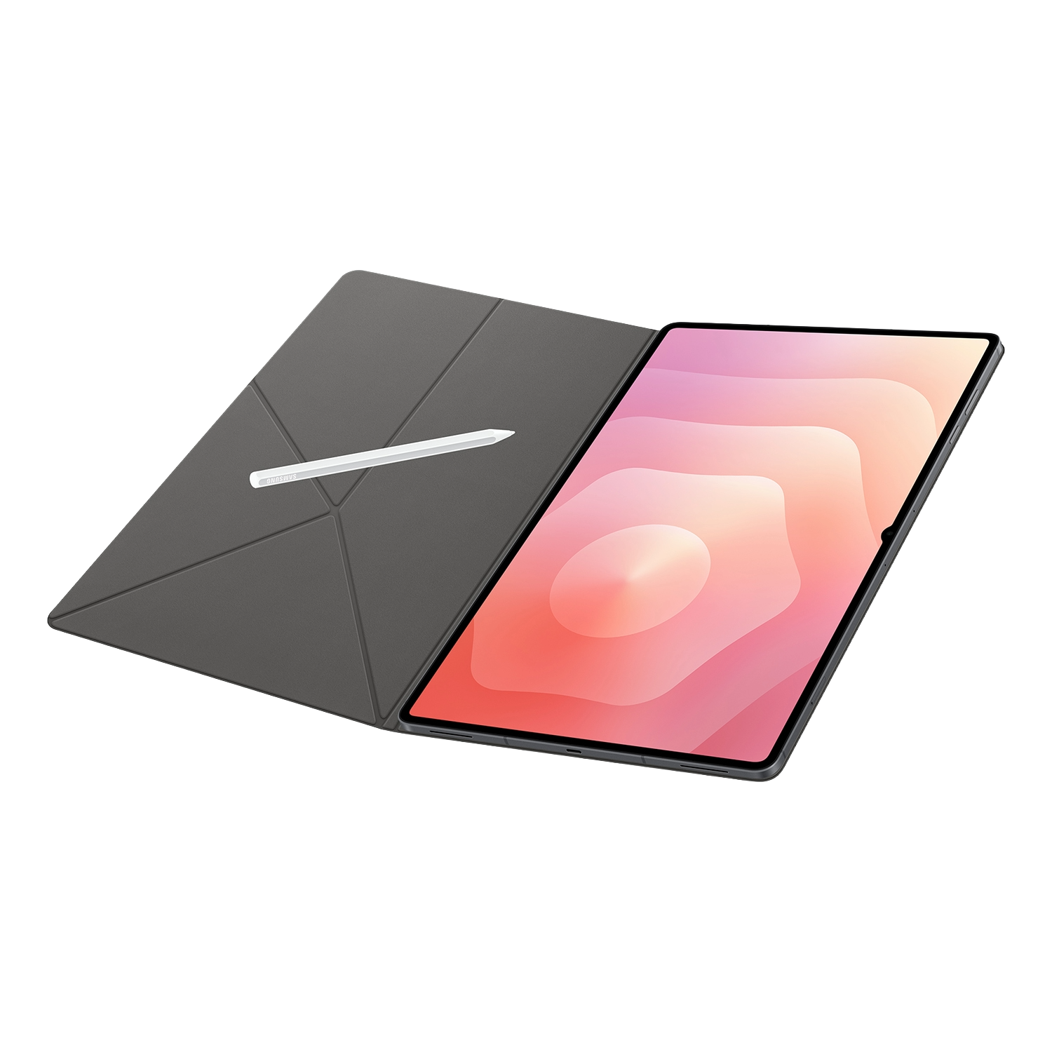 Tableta con lápiz óptico sobre una funda gris. La pantalla muestra un diseño abstracto rosa y naranja sobre fondo negro.