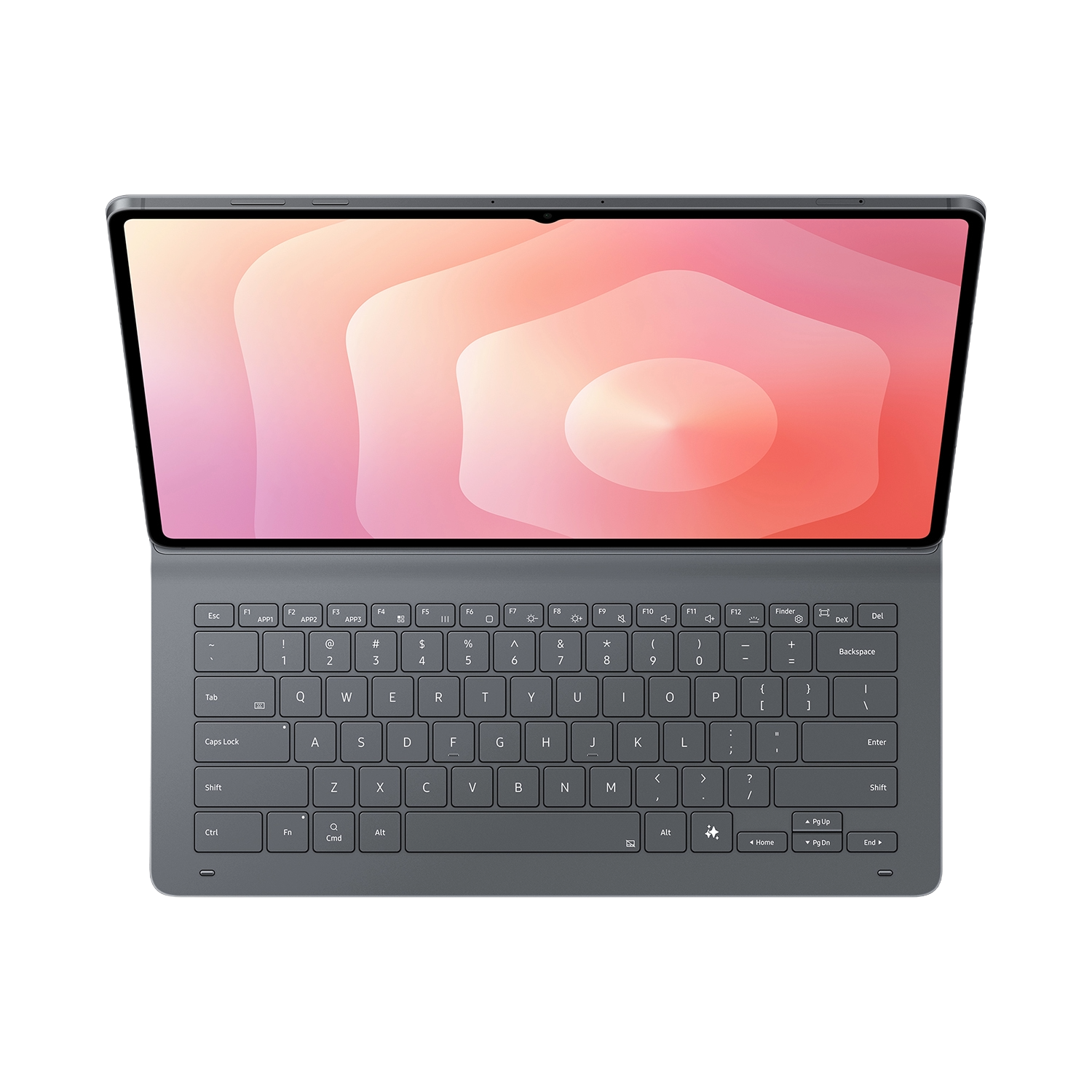 Una tableta con teclado adjunto. La pantalla muestra un diseño abstracto en tonos rosa y naranja. El teclado es gris.
