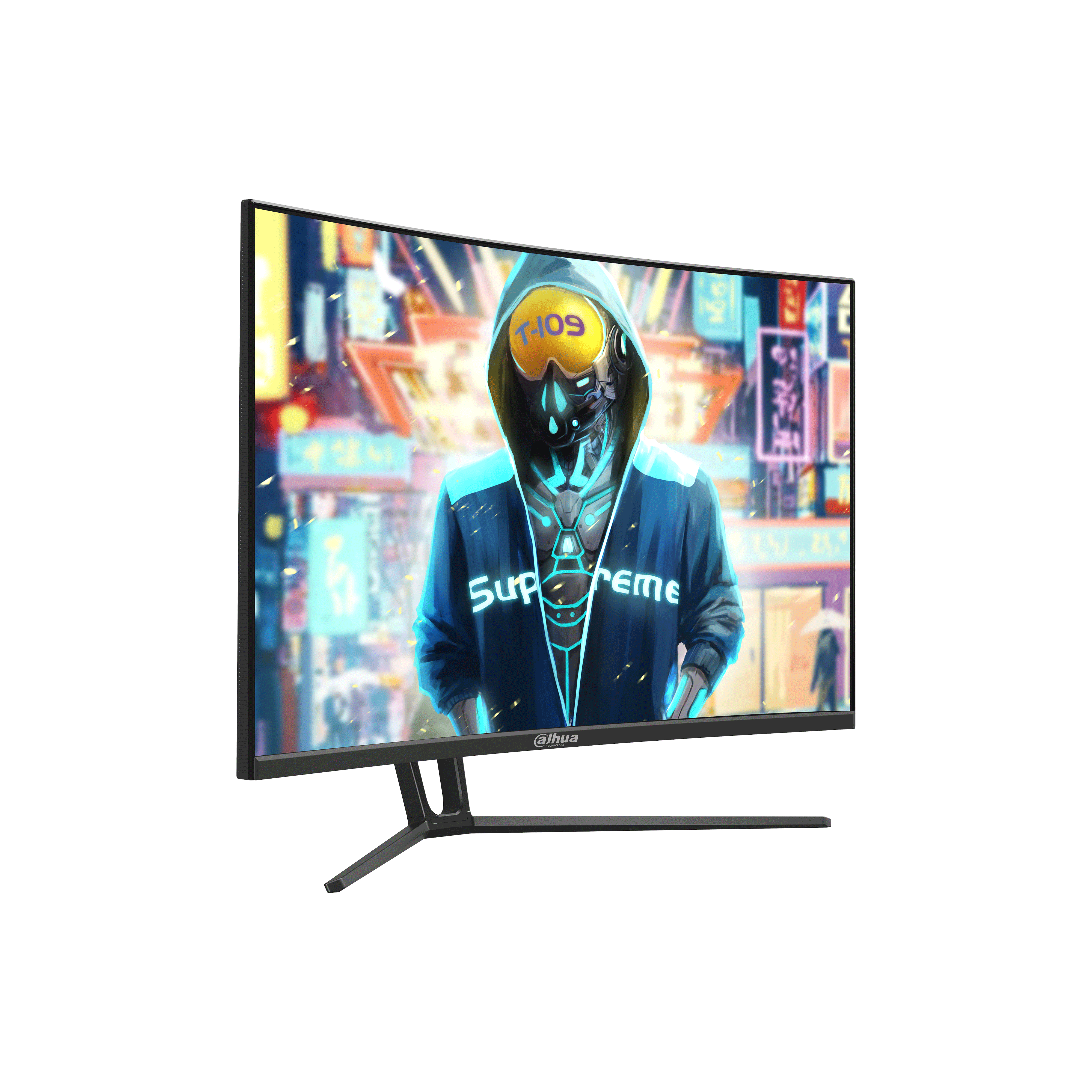 Egy ívelt monitor egy futurisztikus figurát jelenít meg Supreme kapucnis pulóverben. A háttér elmosódott városkép.