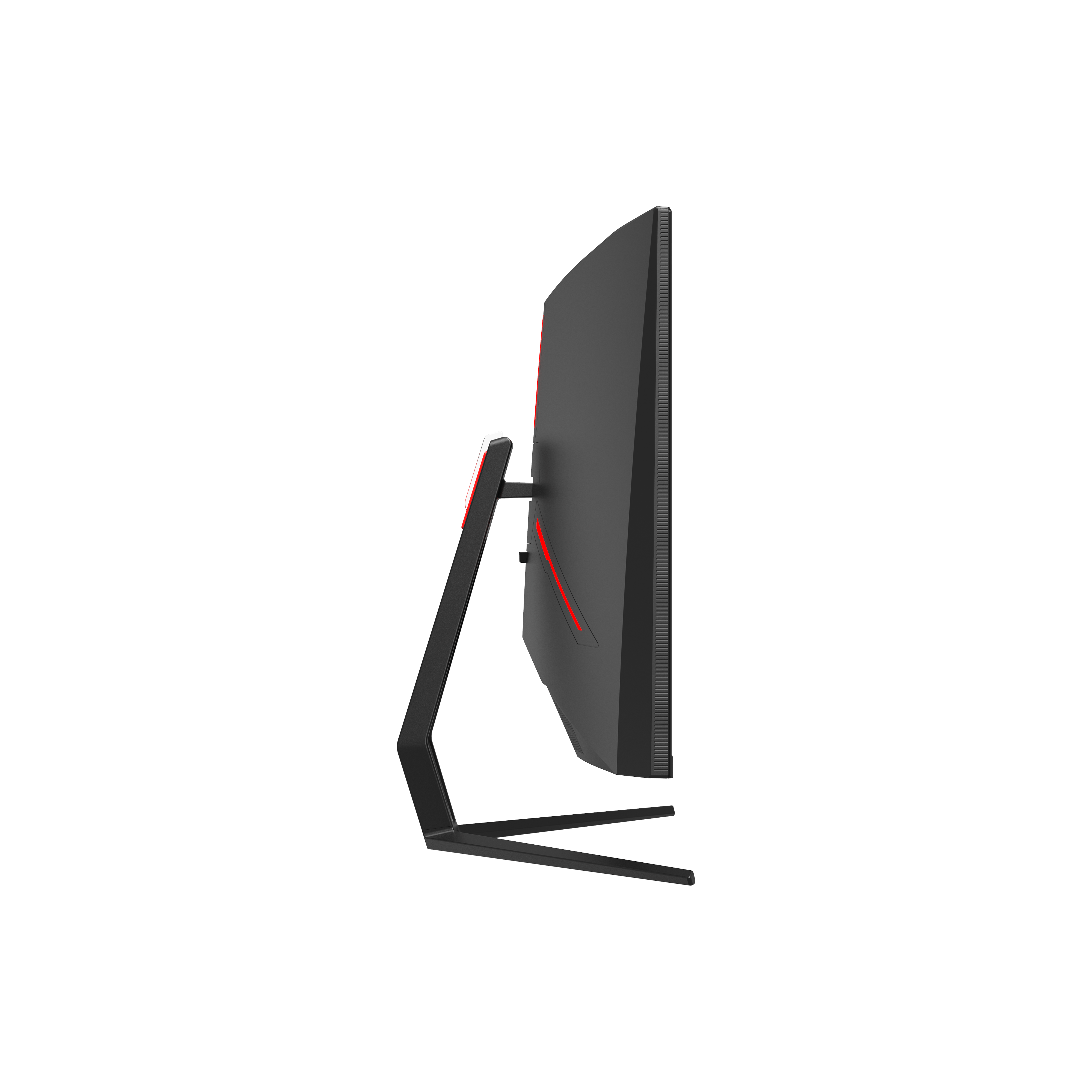 Egy ívelt gamer monitor oldalról. Fekete kerettel, piros díszítéssel és fekete állvánnyal fekete háttér előtt.