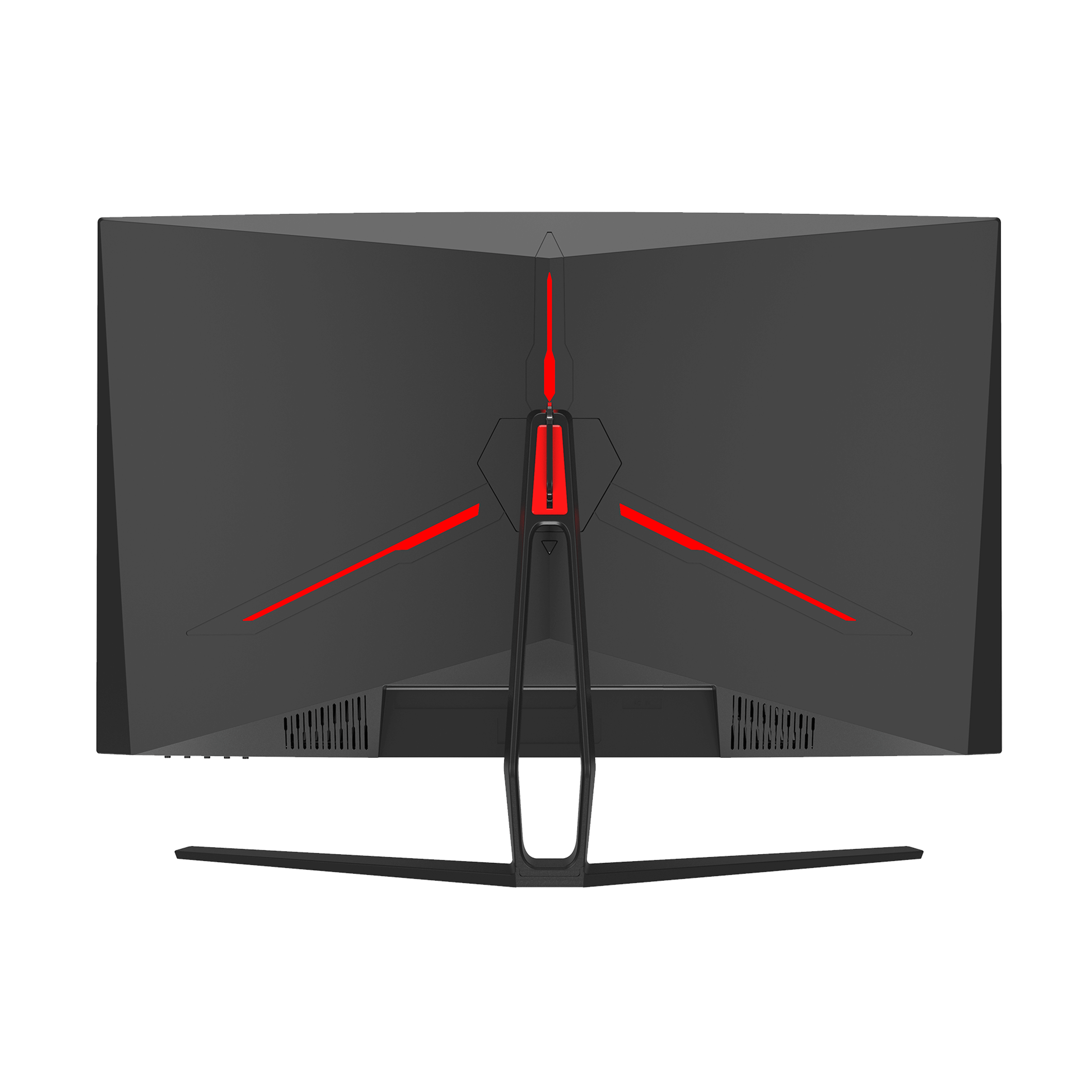 Fekete gamer monitor hátulról. Piros díszítések emelik ki a dizájnt. A tartó fekete, tartja a monitort.