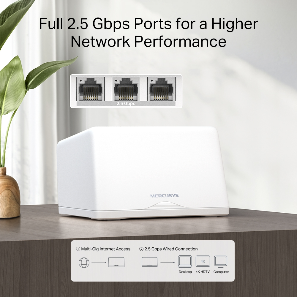 Egy fehér hálózati eszköz három porttal látható. A tetején a szöveg: "Full 2.5 Gbps Ports". Egy diagram az internet-hozzáférést mutatja.