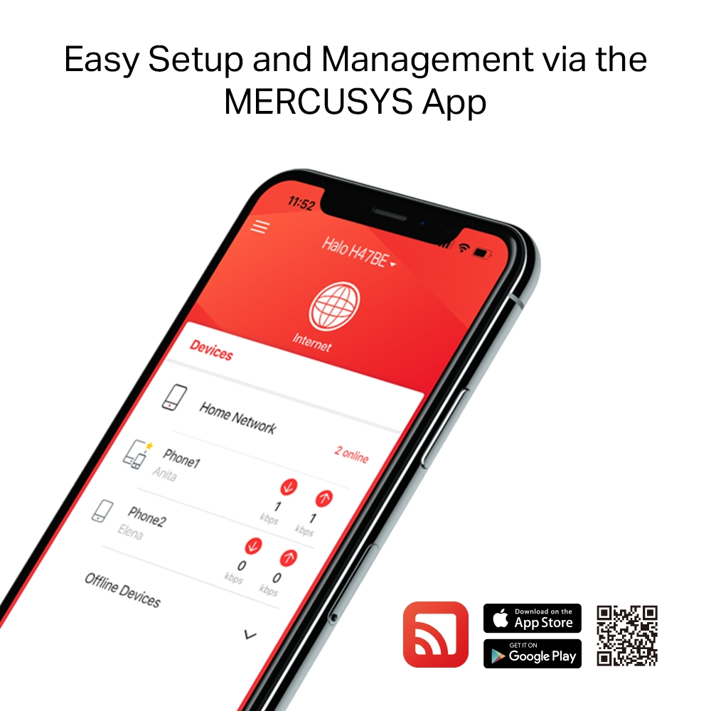 Okostelefon Mercusys alkalmazás felülettel. Hálózati eszközöket mutat adatfelhasználással. Látható App Store és Google Play ikonok.