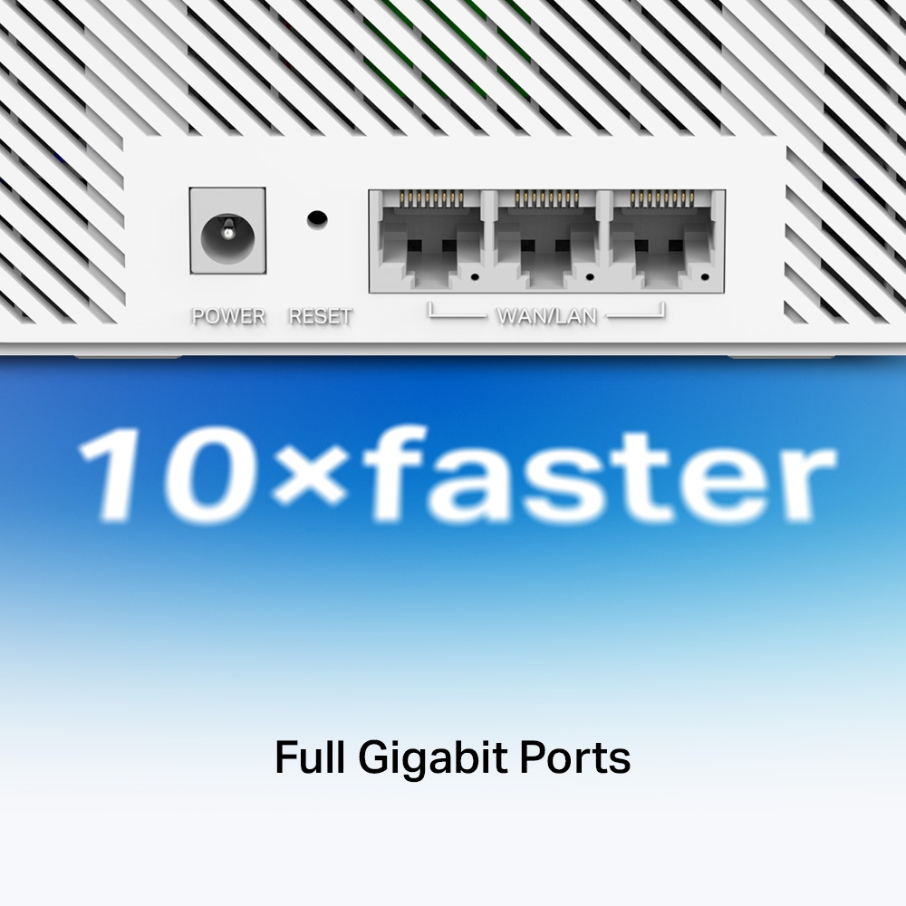 Fehér router hátulja portokkal és a '10x faster' szöveggel kék háttérben. Alul: Full Gigabit Ports.