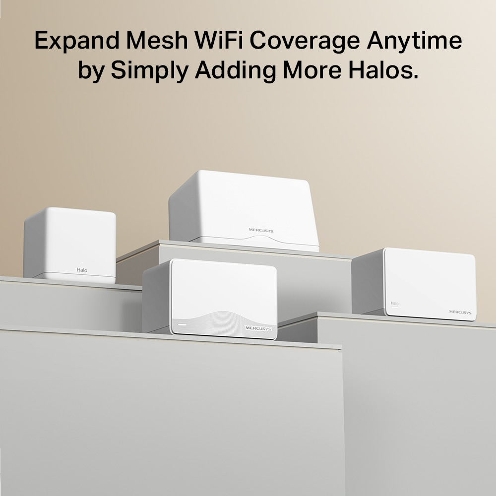 A képen négy fehér mesh WiFi eszköz látható 'Halo' és 'MERCUSYS' feliratokkal. A szöveg szerint: 'Bővítse a Mesh WiFi lefedettséget bármikor, egyszerűen több Haló hozzáadásával'.