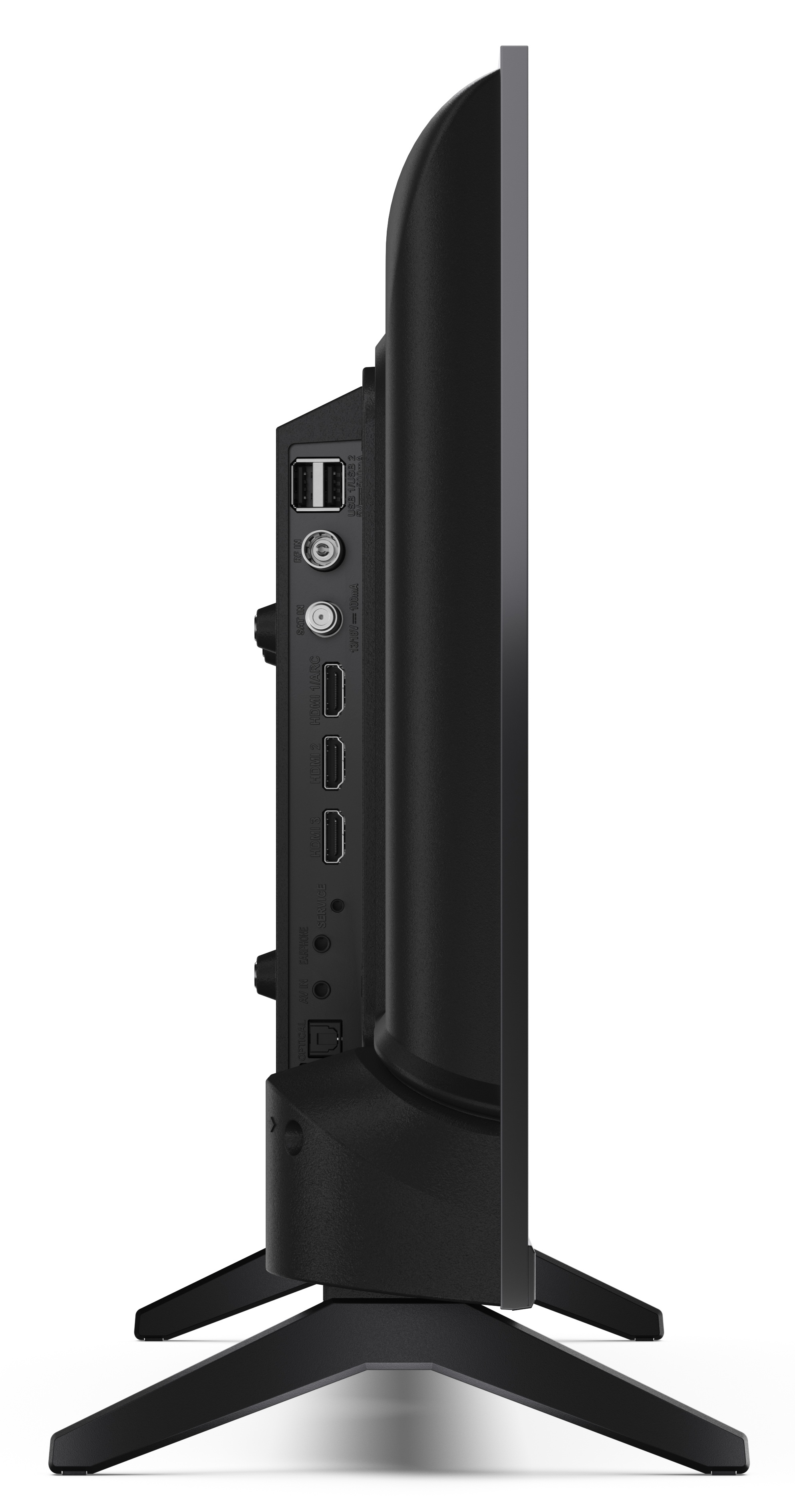 Widok z boku czarnego telewizora z portami i stojakiem na białym tle. Porty obejmują HDMI, USB i antenę.