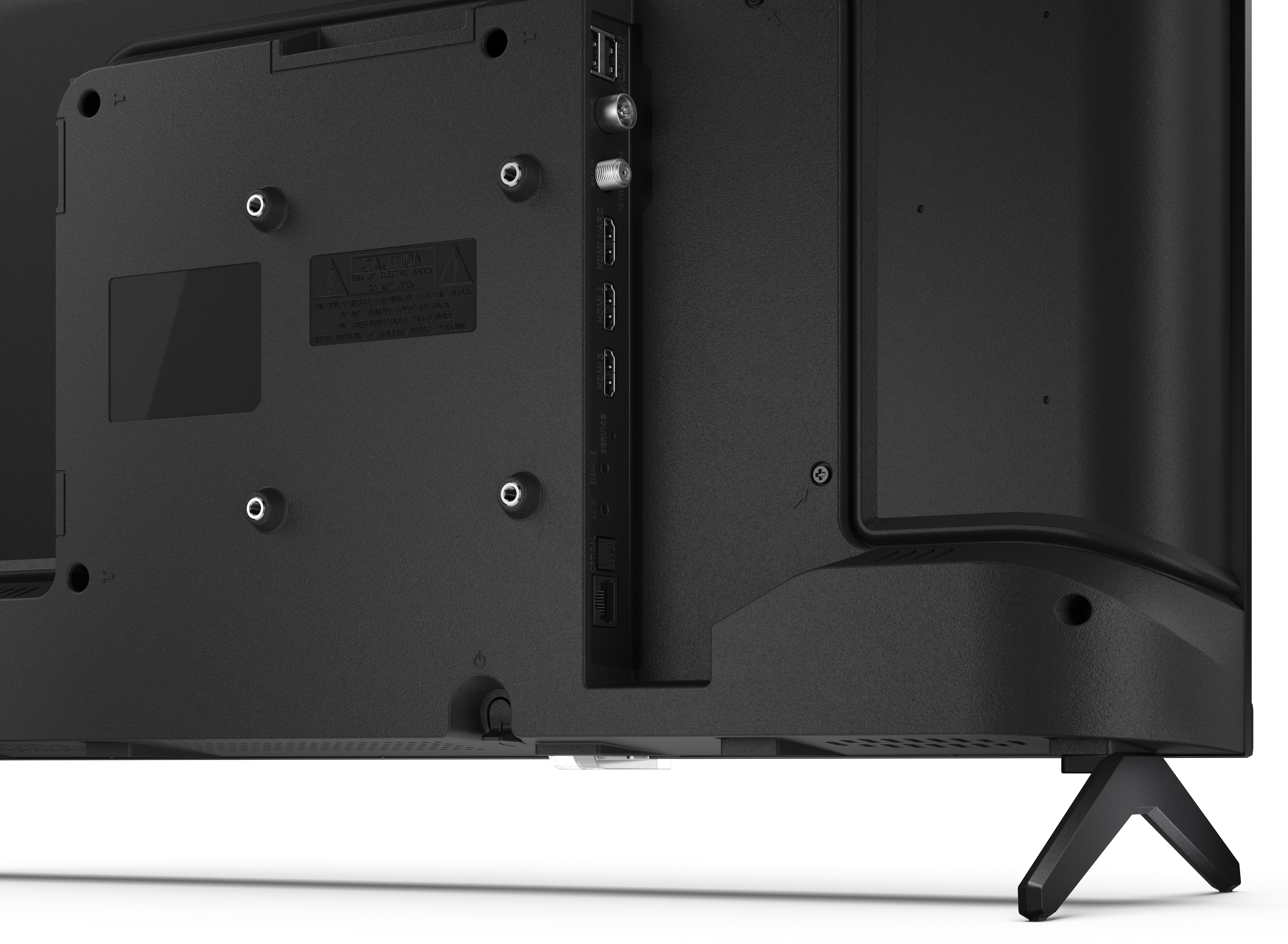 Zbliżenie na tył czarnego telewizora, z portami, etykietą ostrzegawczą i podstawą.