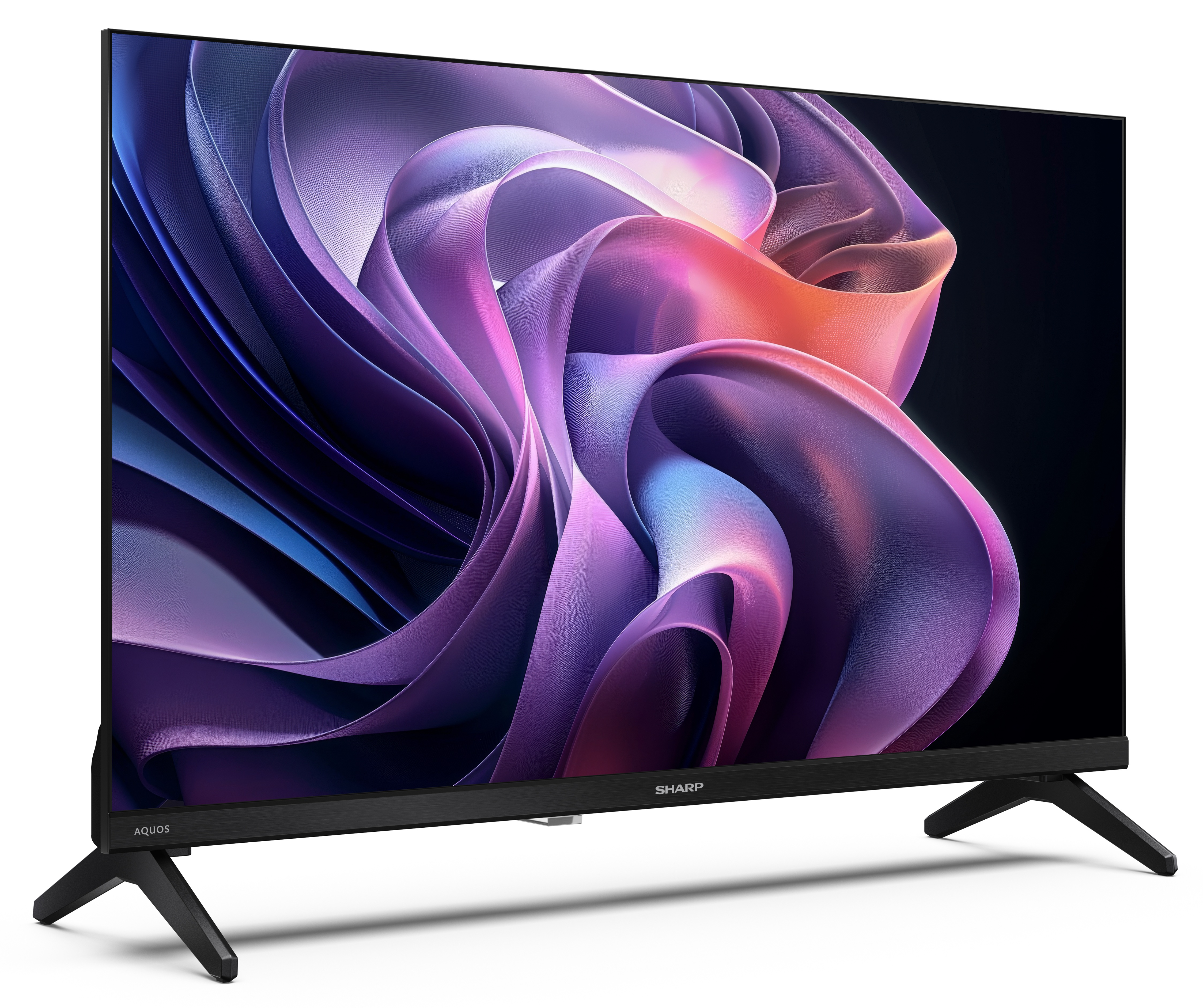 Telewizor Sharp wyświetla kolorowy, abstrakcyjny wzór. Stoi na białej powierzchni z czarnymi nogami.