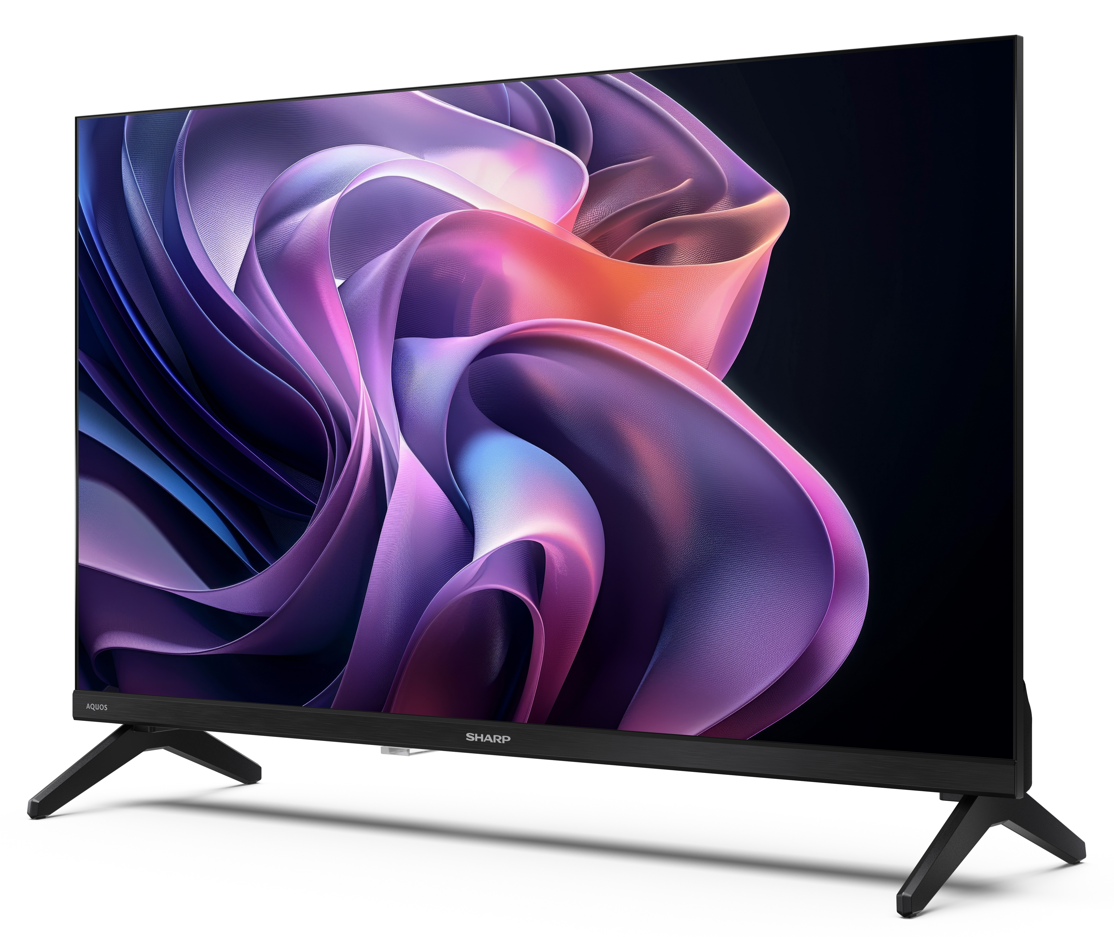 Telewizor Sharp AQUOS wyświetla kolorowy, abstrakcyjny obraz. Telewizor stoi na białej powierzchni, na białym tle.