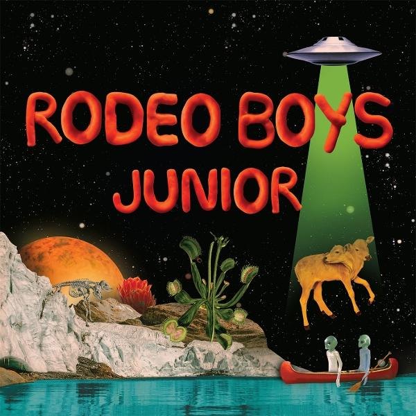Surreale Szene: UFO strahlt Licht auf Kühe. Außerirdische in einem Kanu. Text 'Rodeo Boys Junior' auf Sternenhimmel, mit Planet und Venusfliegenfallen.