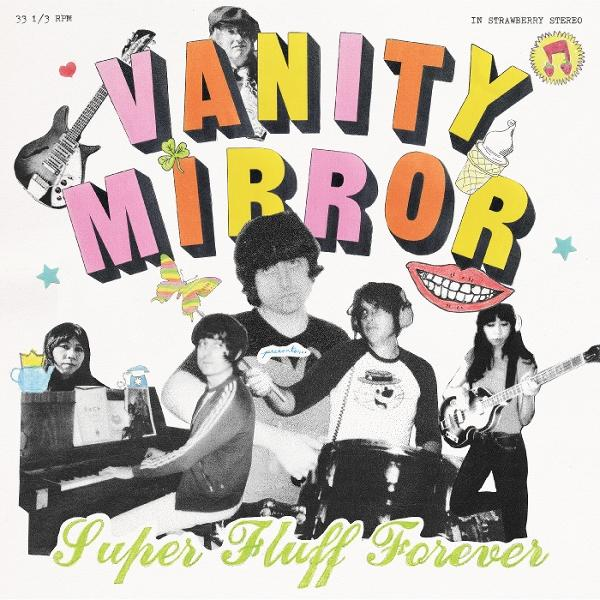 Albumcover: 'Vanity Mirror'. Bandmitglieder, Musikinstrumente und dekorative Elemente wie Schmetterlinge und Eistüten sind vorhanden.