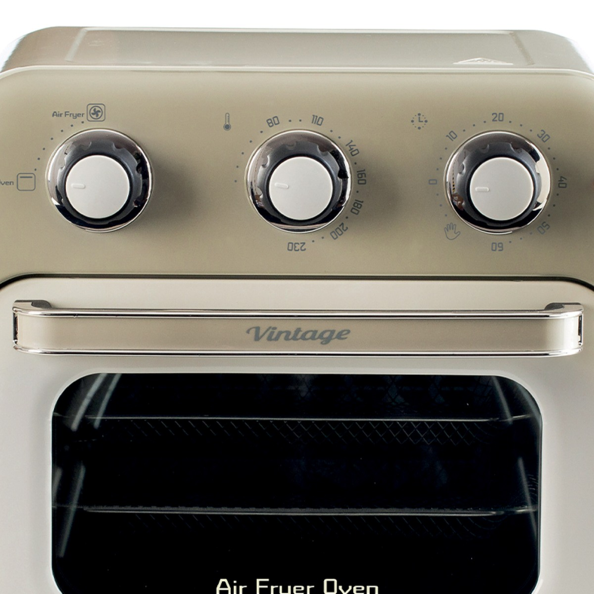 Zabytkowy piekarnik z frytkownicą powietrzną z pokrętłami, uchwytem i szklanymi drzwiami. Pokrętła pokazują temperaturę i ustawienia.