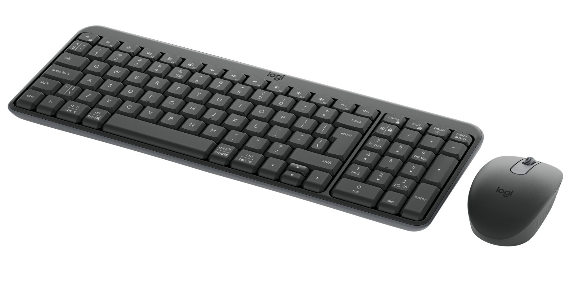 Szara klawiatura i mysz Logitech na białym tle. Klawiatura ma klawisze z białymi literami i symbolami.