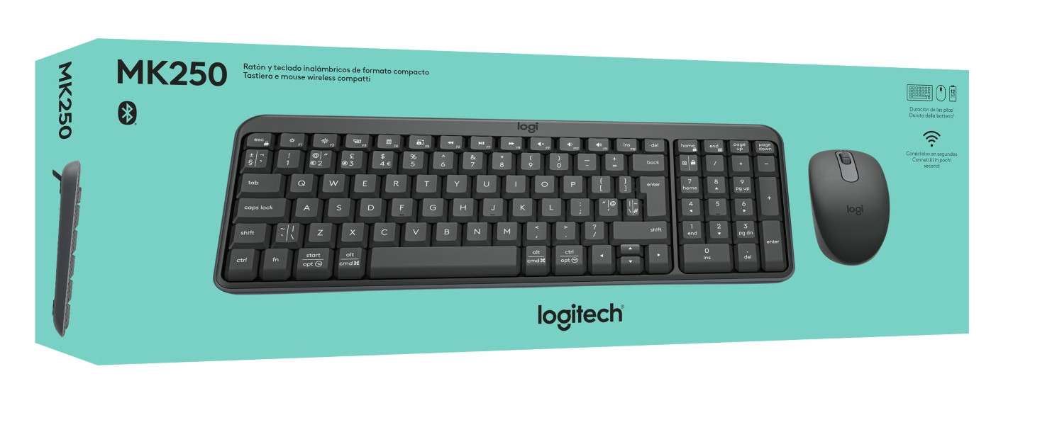 Zapakowany zestaw bezprzewodowy Logitech MK250 z klawiaturą i myszą. Klawiatura czarna, pudełko turkusowe z detalami.