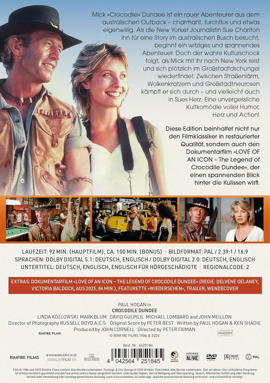 Filmposter für Crocodile Dundee. Es zeigt die Hauptdarsteller beim Lächeln. Text zum Film ist auf Deutsch.